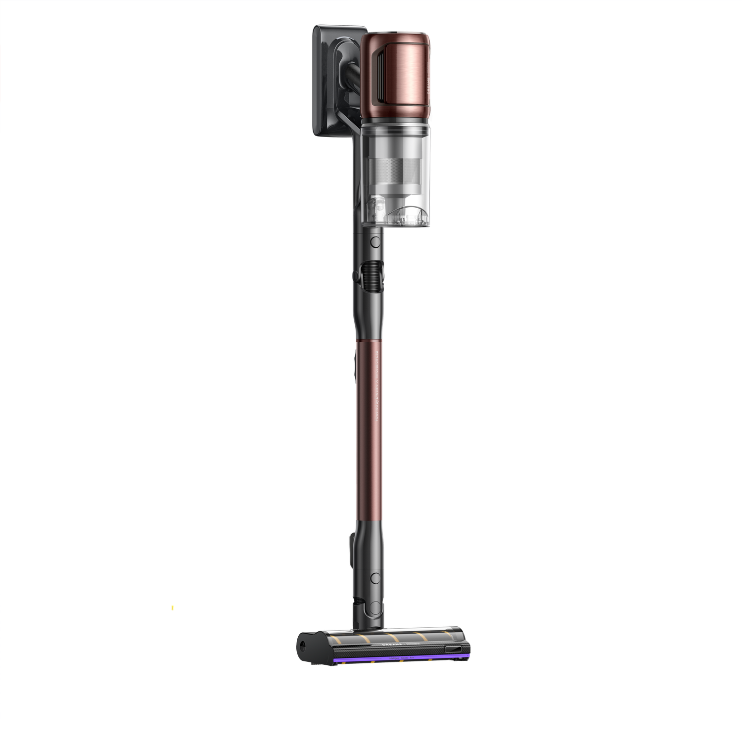 A cordless vacuum cleaner with a copper and black design. The vacuum is upright with a clear dust container and a motorized head.