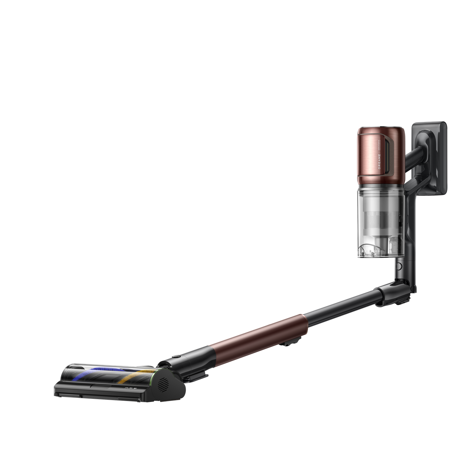 A cordless vacuum cleaner with a copper-colored motor and a black handle with a brush head. It is mounted on a black wall mount.