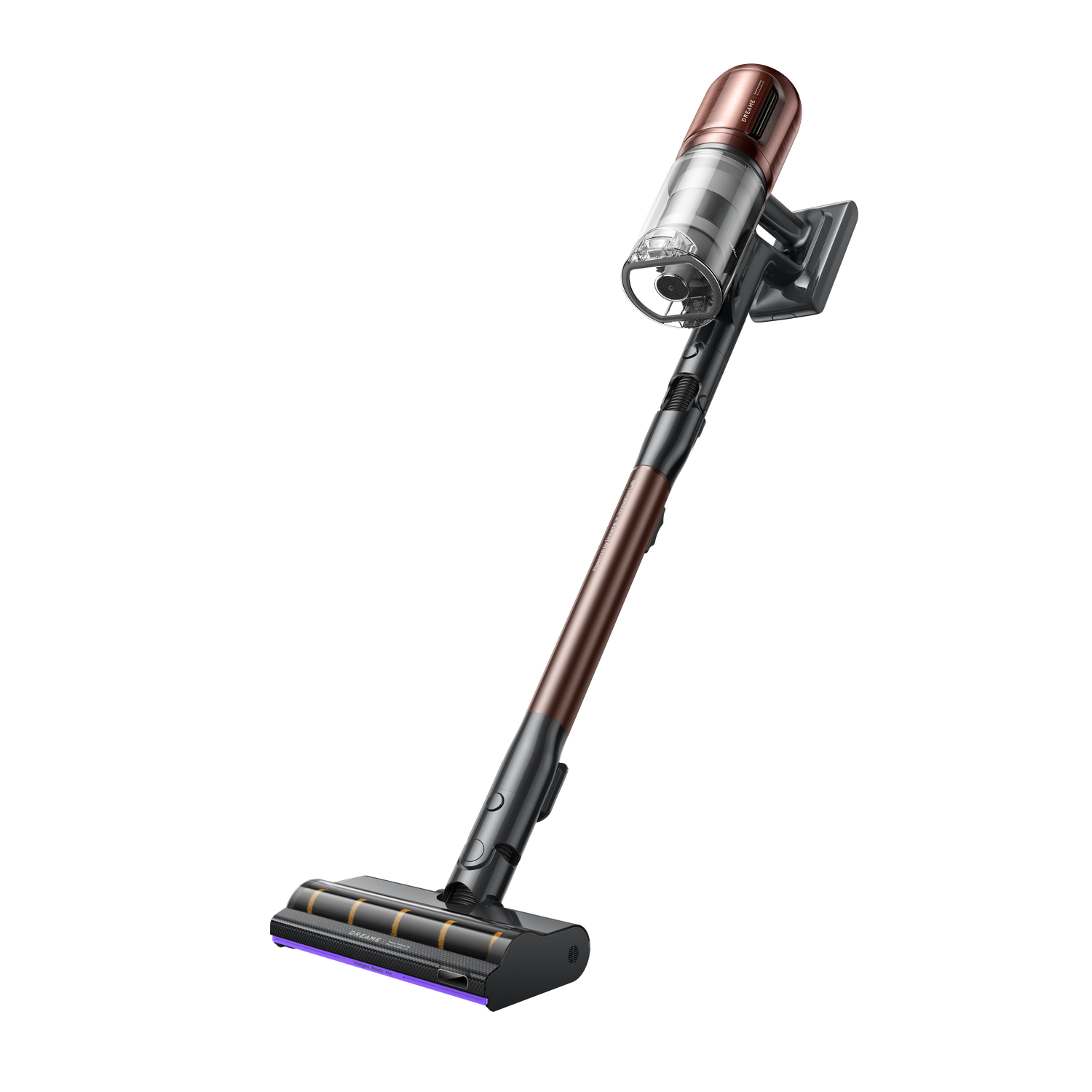 A cordless vacuum cleaner with a copper and black design. It stands at an angle against a black background. The cleaner is upright.
