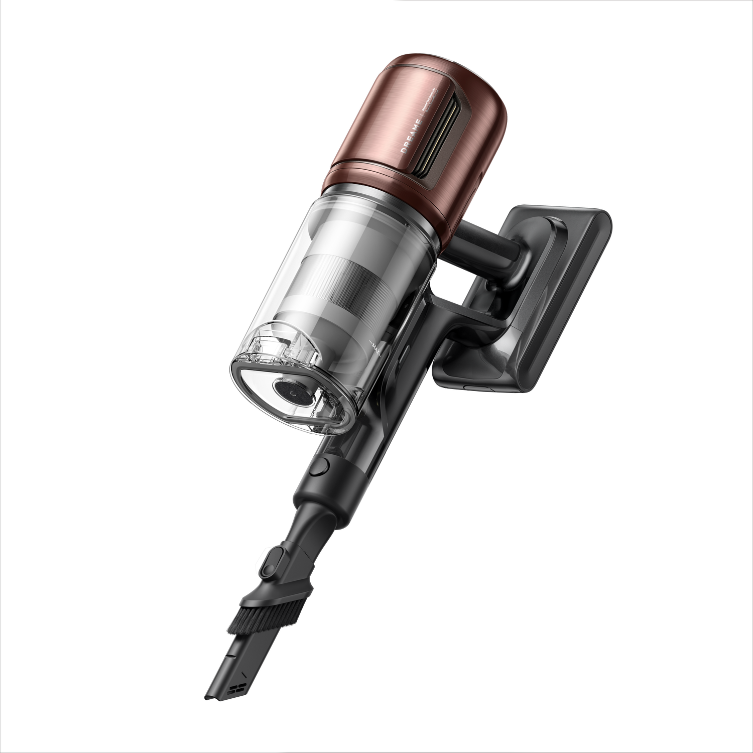 A cordless vacuum cleaner with a bronze motor and black body, on a black background. The vacuum is angled slightly.
