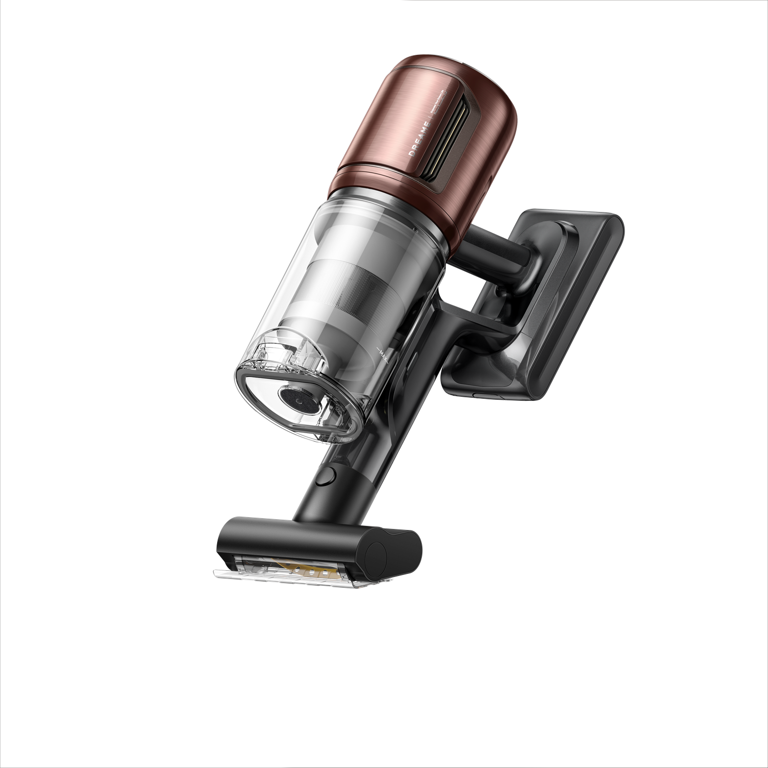A cordless vacuum cleaner with a bronze motor and transparent dust container. It is on a black background, showing the charging base.