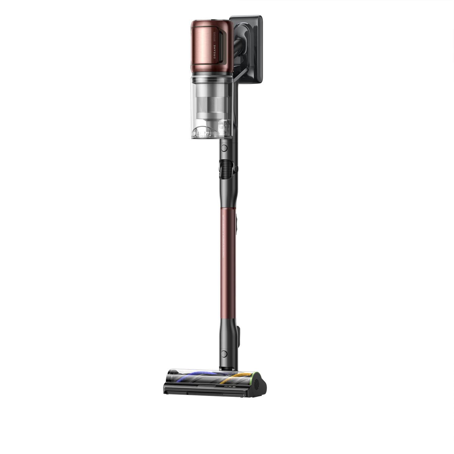 A cordless vacuum cleaner with a copper and black design. It is standing upright against a black background. The brush head is visible.