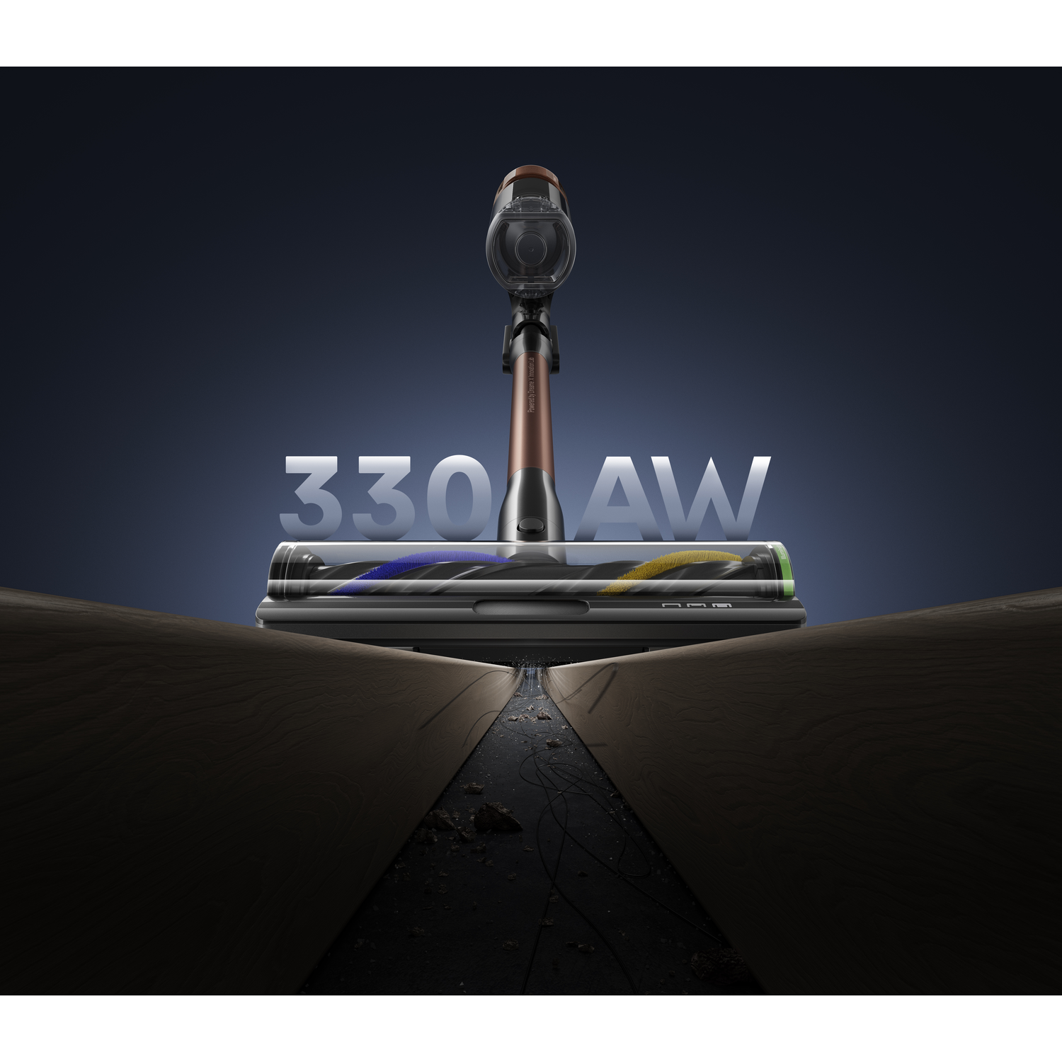 A vacuum cleaner with the text '330 AW'. It's cleaning a wooden floor with debris. The background is dark blue.