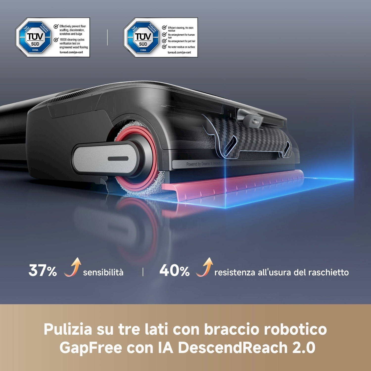 Un aspirapolvere robotico con testina a spazzola rossa. Le certificazioni sono mostrate in alto. Il testo indica la tecnologia del braccio robotico GapFree.