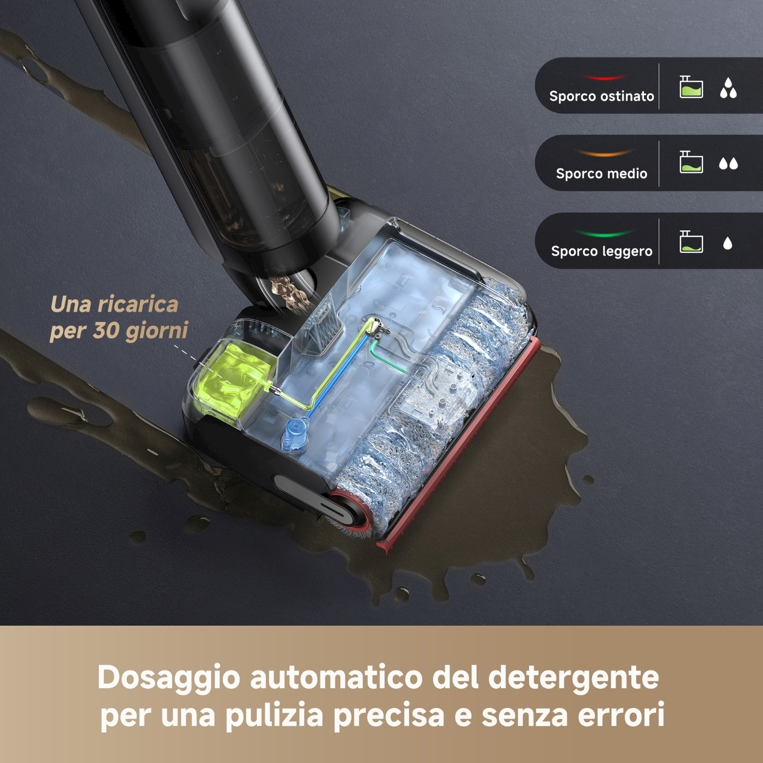 Primo piano di una testina per aspirapolvere, con sezioni evidenziate. Il testo indica una lunga durata della batteria e l'erogazione automatica del detergente.