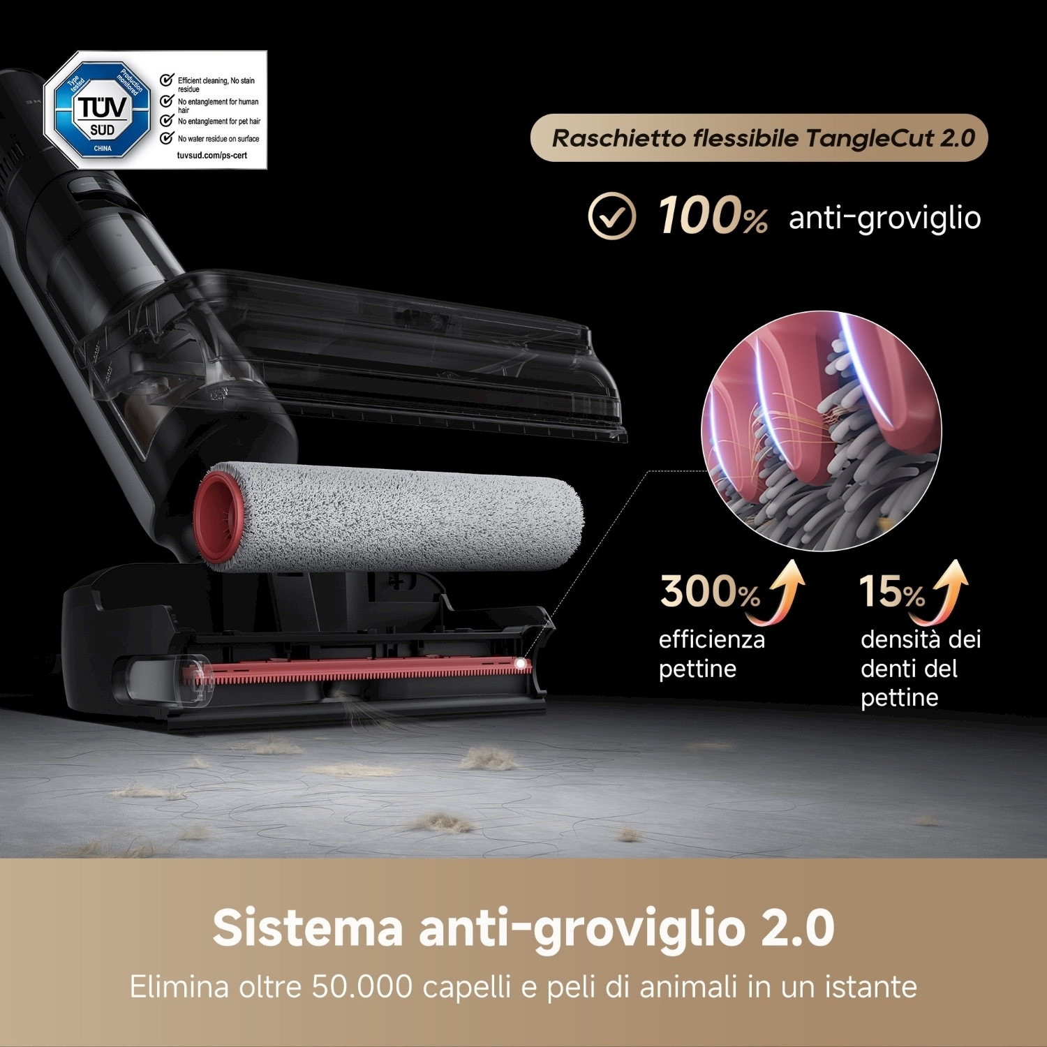 Aspirapolvere con spazzola rossa, parti nere e trasparenti, e testo sulla pulizia senza grovigli.