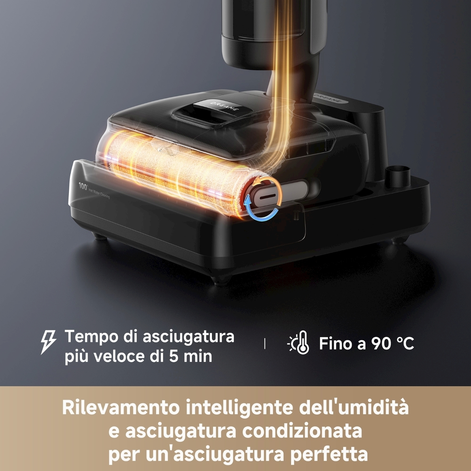 Elettrodomestico nero con sezione trasparente che mostra un elemento riscaldante. Il testo indica asciugatura rapida, fino a 90°C, e rilevamento intelligente dell'umidità.