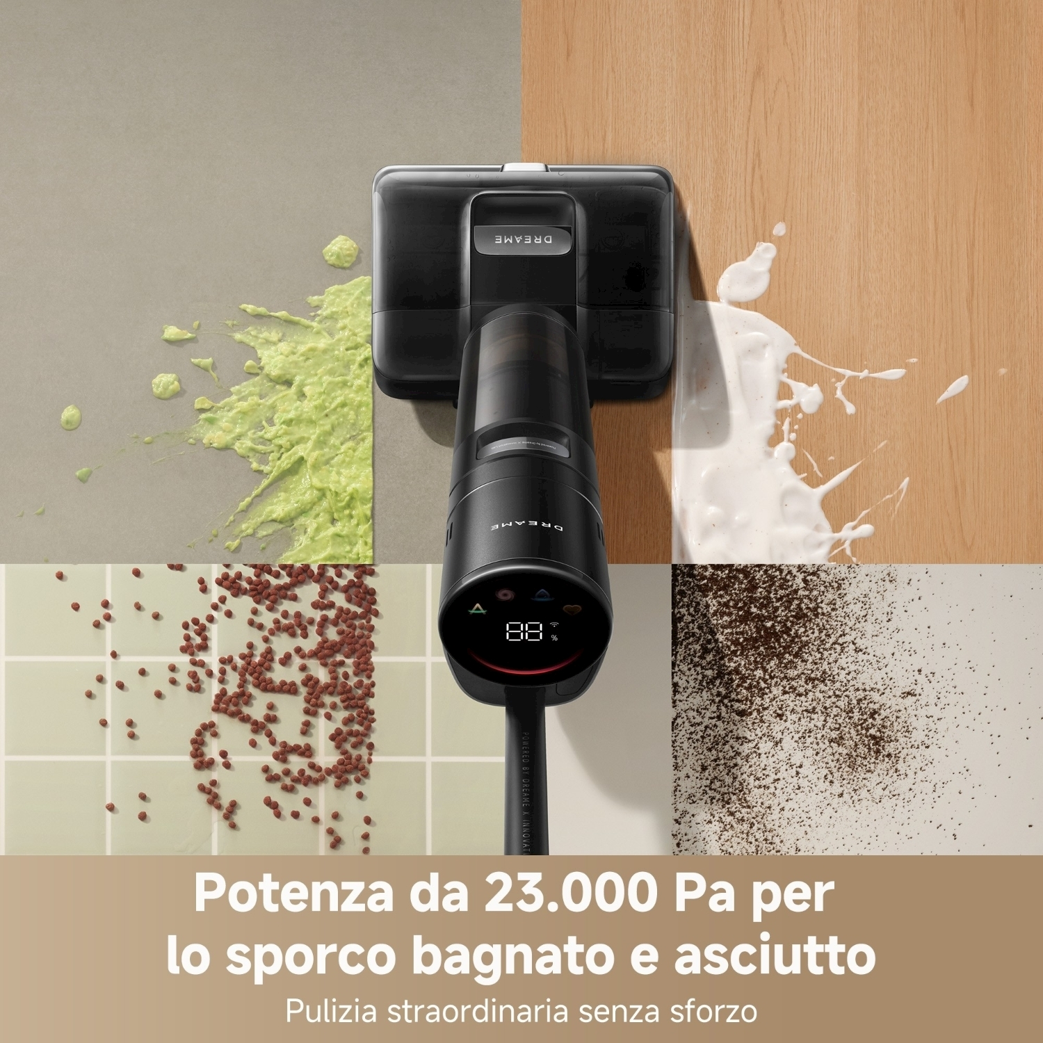 Un aspirapolvere nero pulisce quattro superfici: sostanza verde, liquido bianco, granuli marroni e perle rosse. Testo: 'Potenza 23.000 Pa per sporco bagnato e asciutto.'