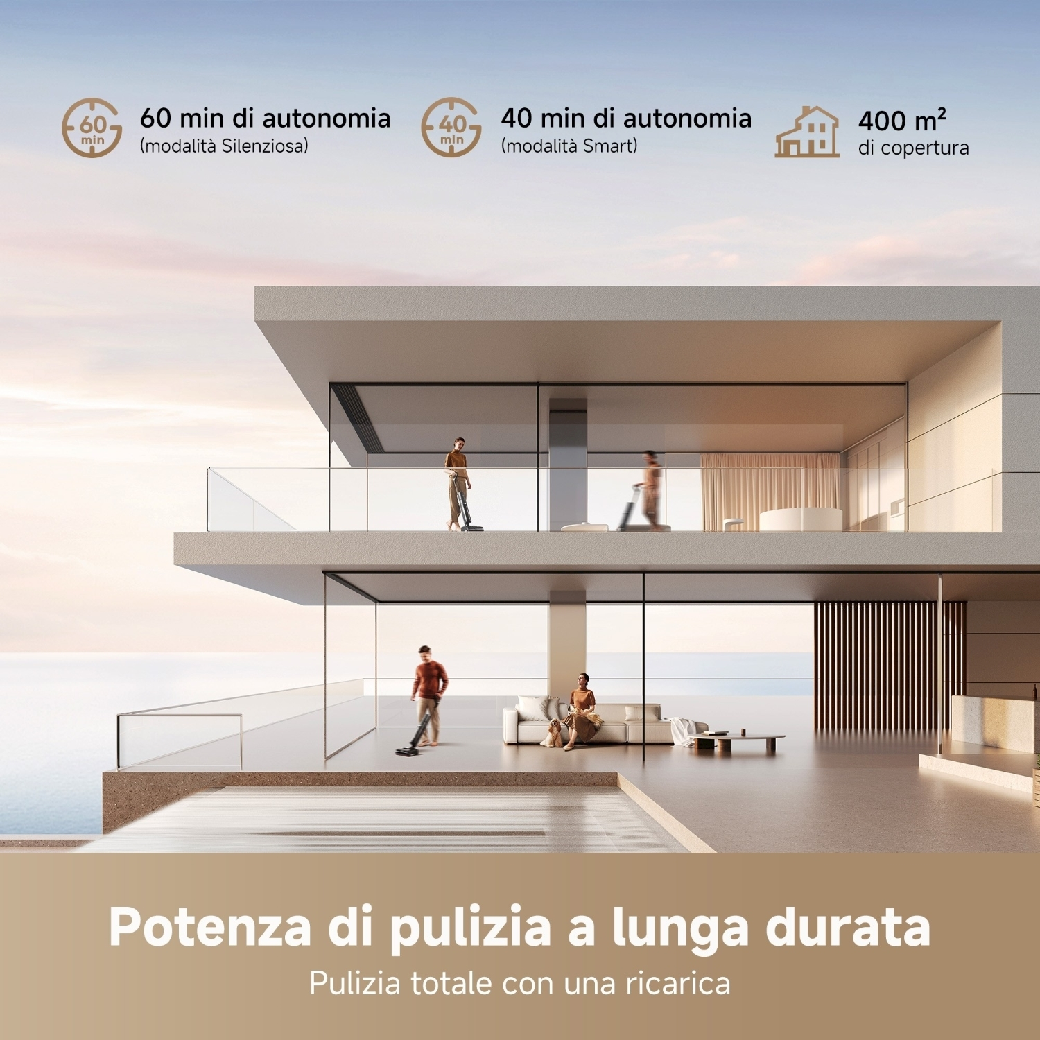 Una casa moderna con persone che usano un aspirapolvere. Il testo indica 60 e 40 minuti di autonomia e 400 m² di copertura.