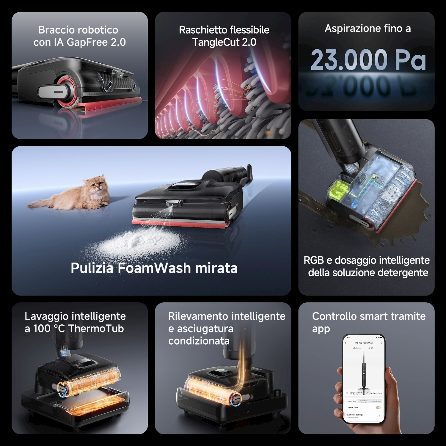 L'immagine mostra le caratteristiche del prodotto per la pulizia: braccio robotico, raschietto flessibile, lavaggio con schiuma, potenza di aspirazione, dosaggio detergente RGB, lavaggio intelligente e controllo tramite app.