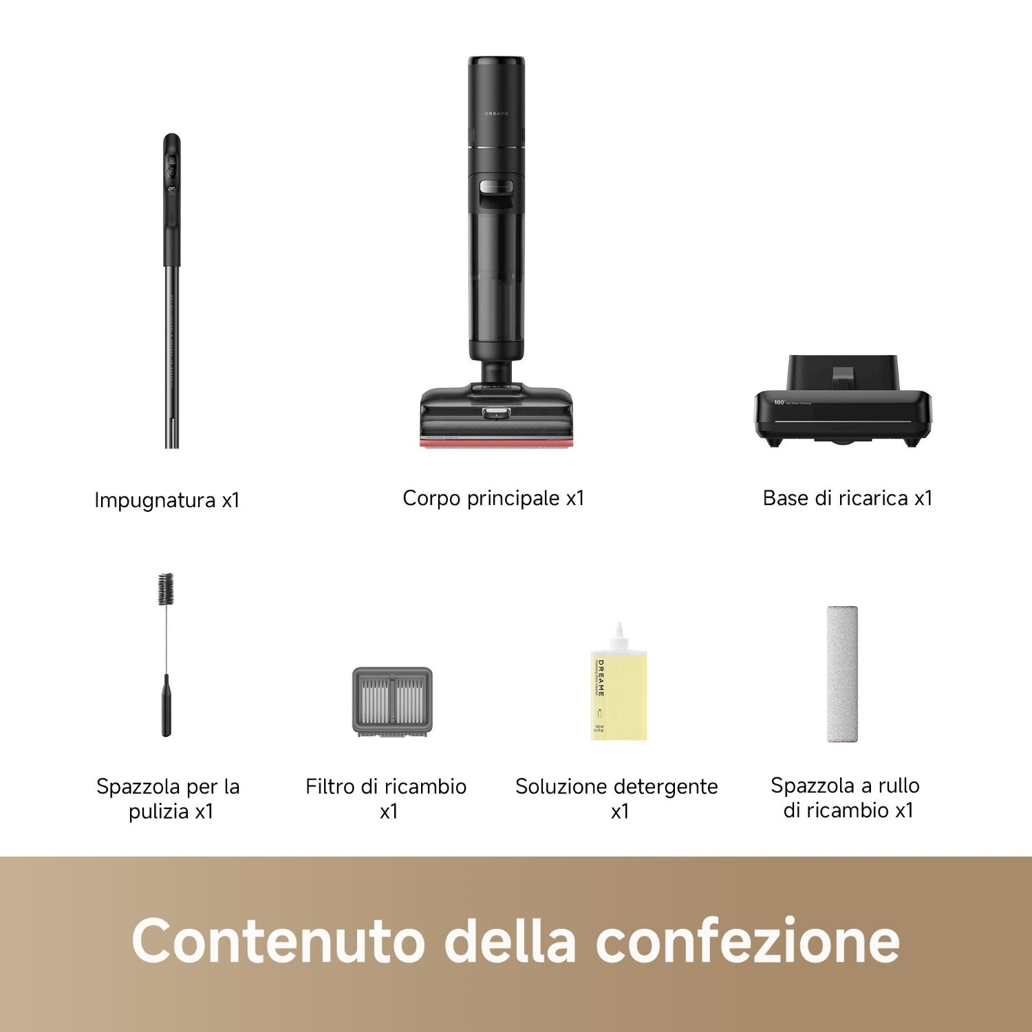 L'immagine mostra i componenti dell'aspirapolvere: manico, corpo principale, base di ricarica, spazzola, filtro, detergente e spazzola a rullo. Etichetta: 'Contenuto della confezione'.