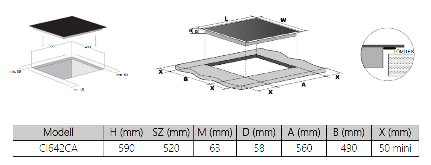 Főzőlap diagramja mm-ben megadott méretekkel. Tartalmaz egy táblázatot a CI642CA modellel és különböző méretekkel.