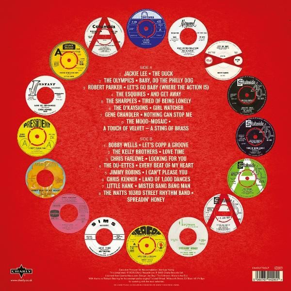 Roter Album-Cover mit Schallplatten in einem Kreis angeordnet. Songtitel und Künstlernamen sind rechts aufgelistet.
