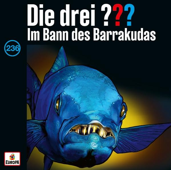 Ein blauer Fisch mit scharfen Zähnen dominiert das Bild. Darüber steht der Text 'Die drei ??? Im Bann des Barrakudas'.