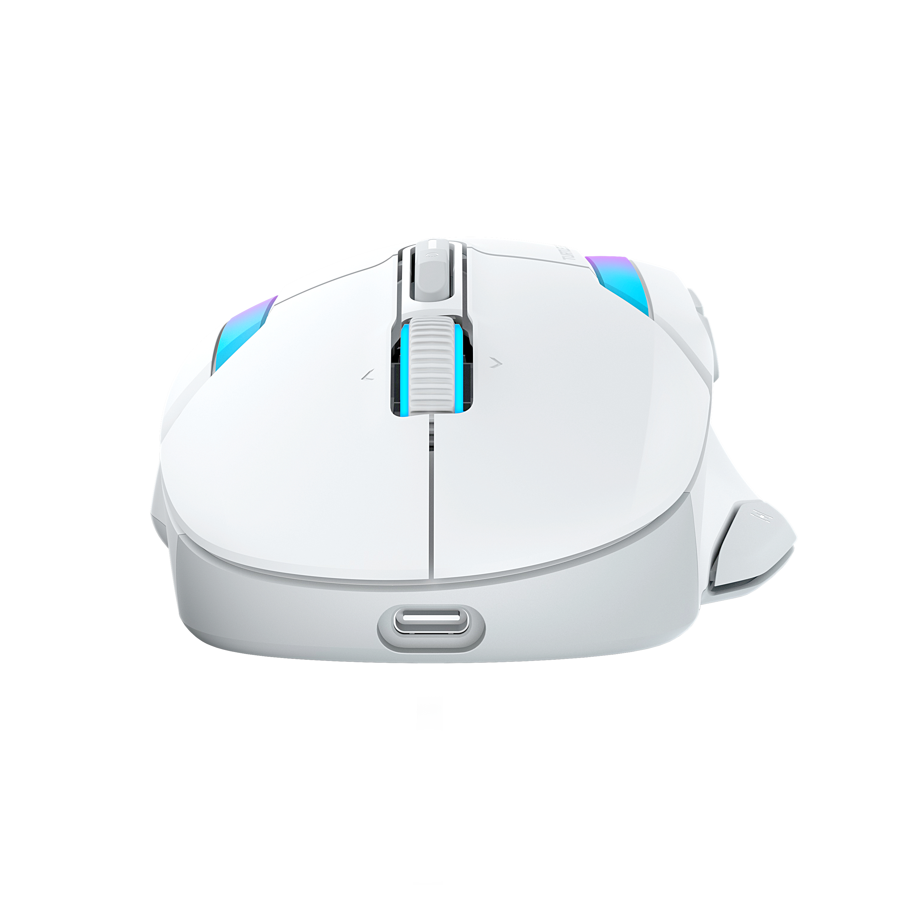 Weiße Gaming-Maus mit blauen und lila Lichtern. Sie hat ein Scrollrad und Seitentasten. USB-C-Anschluss sichtbar.