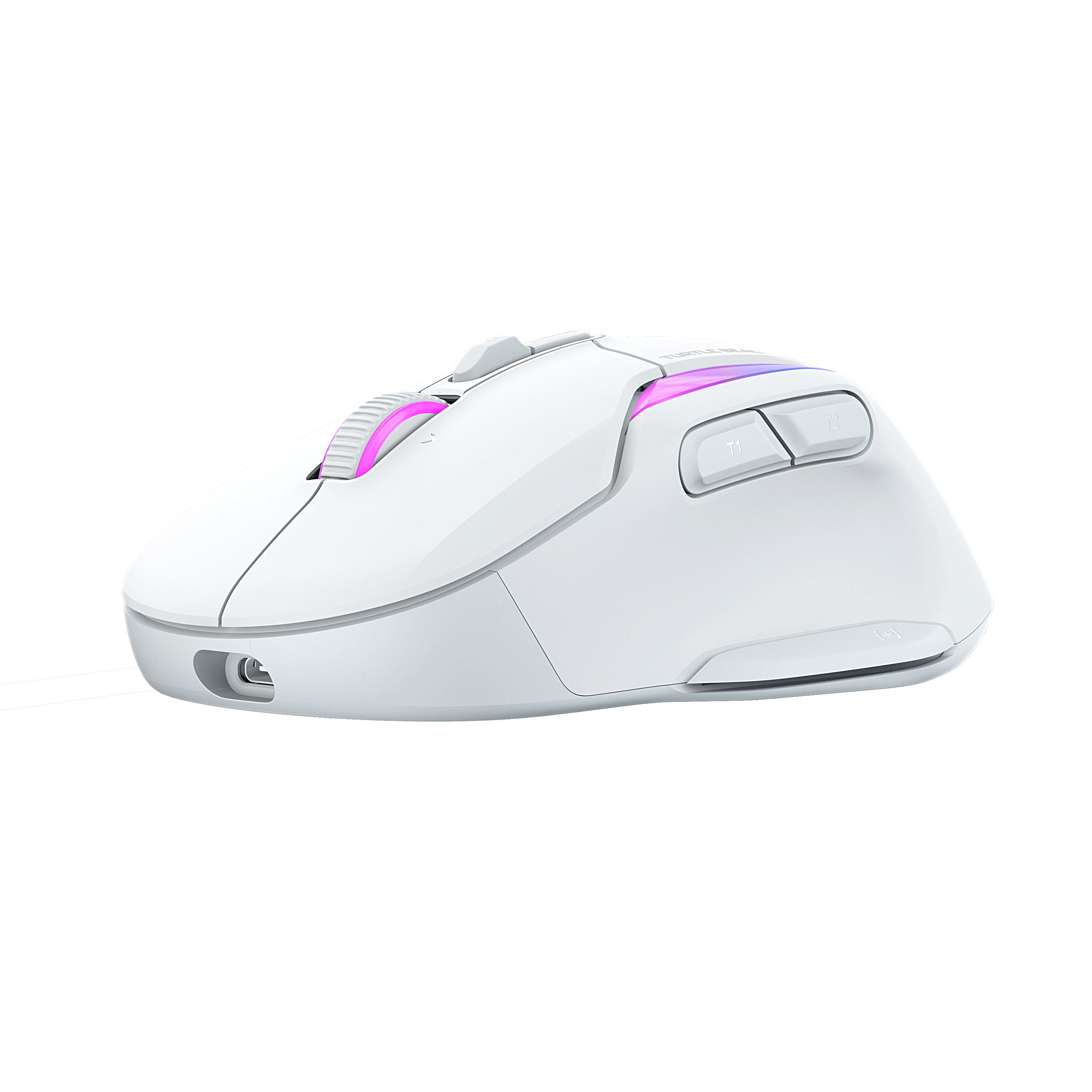 Eine weiße Gaming-Maus mit pinken und lila Akzenten. Sie hat Tasten oben und an den Seiten, auf weißem Hintergrund.