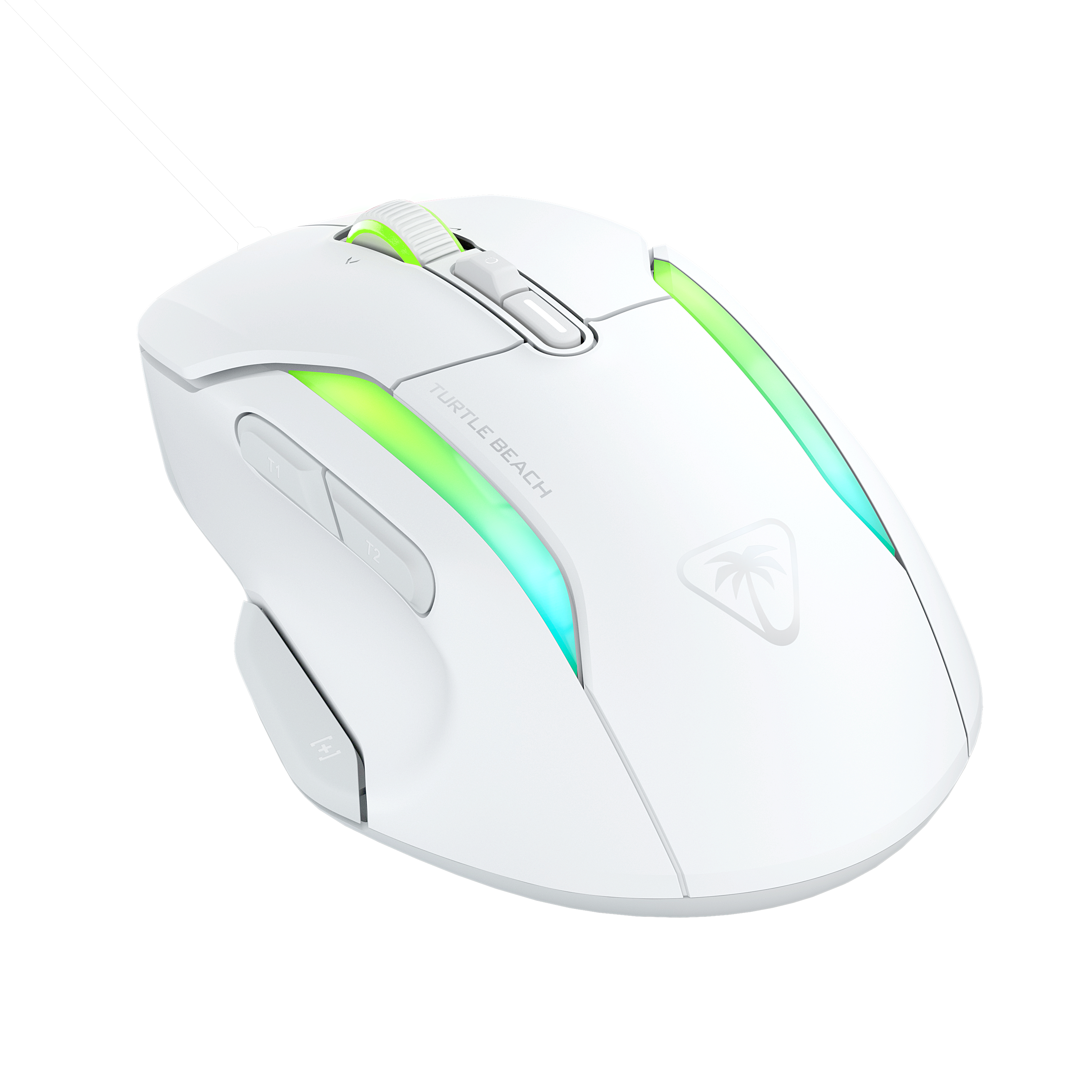 Weiße Gaming-Maus mit grünen und blauen Akzenten. Hat Knöpfe, Scrollrad und Turtle Beach Logo.