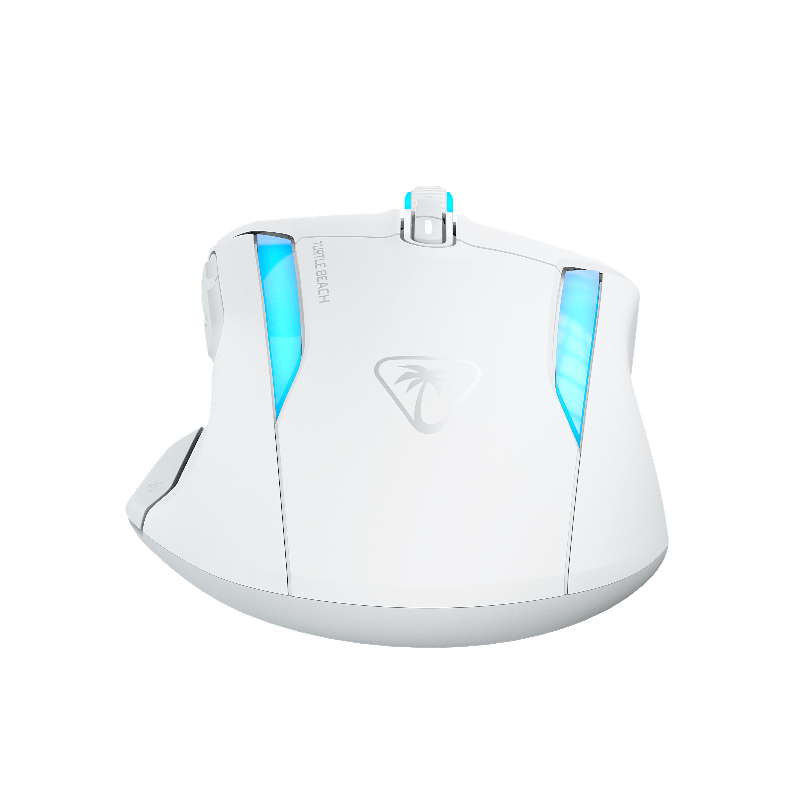 Weiße Turtle Beach Gaming-Maus mit blauen Lichtakzenten. Palmenlogo oben. Isoliert auf weißem Hintergrund.
