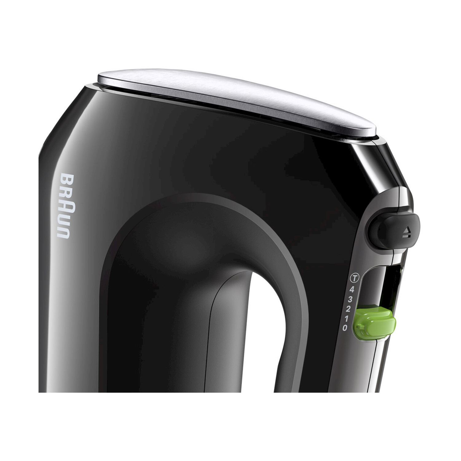 Frullatore a mano Braun nero, parte superiore argentata, controllo velocità verde. Logo 'Braun' bianco. Impostazioni velocità da 0 a Turbo.