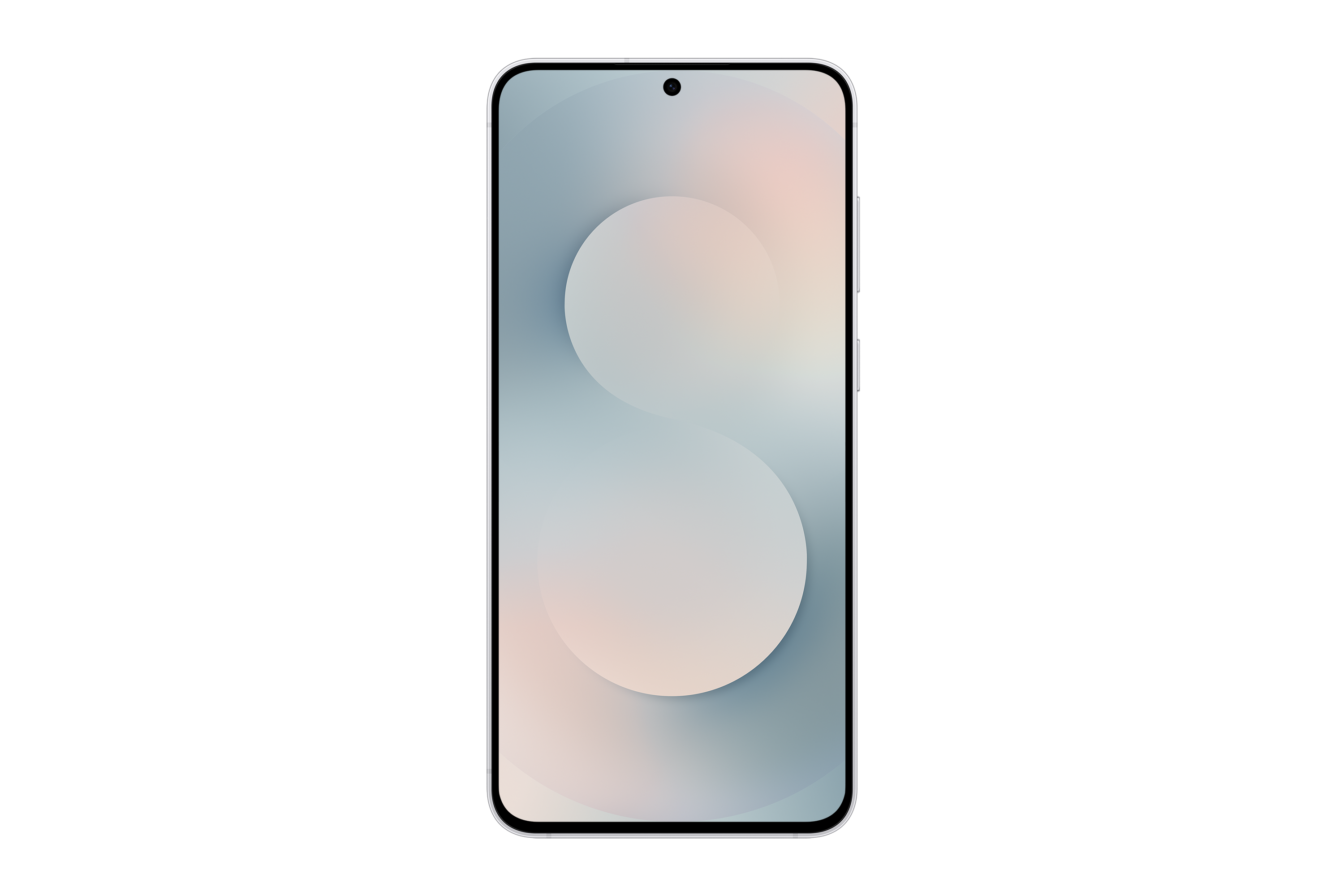 Ein Smartphone zeigt einen Farbverlauf aus Hellblau, Grau und Rosa. Zwei weiße Kreise überlagern den Bildschirm. Schwarzer Hintergrund.
