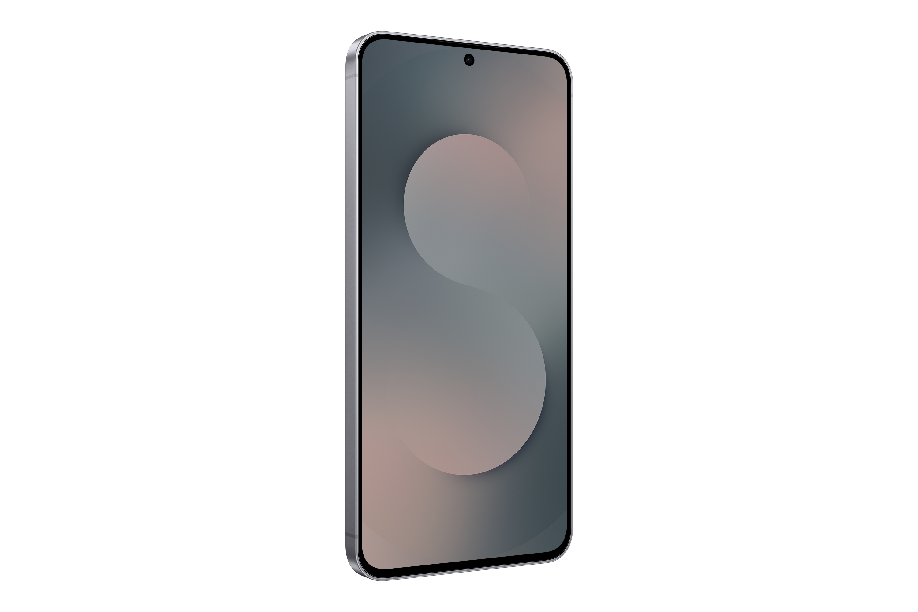 Ein Smartphone mit silbernem Rahmen, das ein graues und rosafarbenes abstraktes Design auf dem Bildschirm zeigt, vor schwarzem Hintergrund.