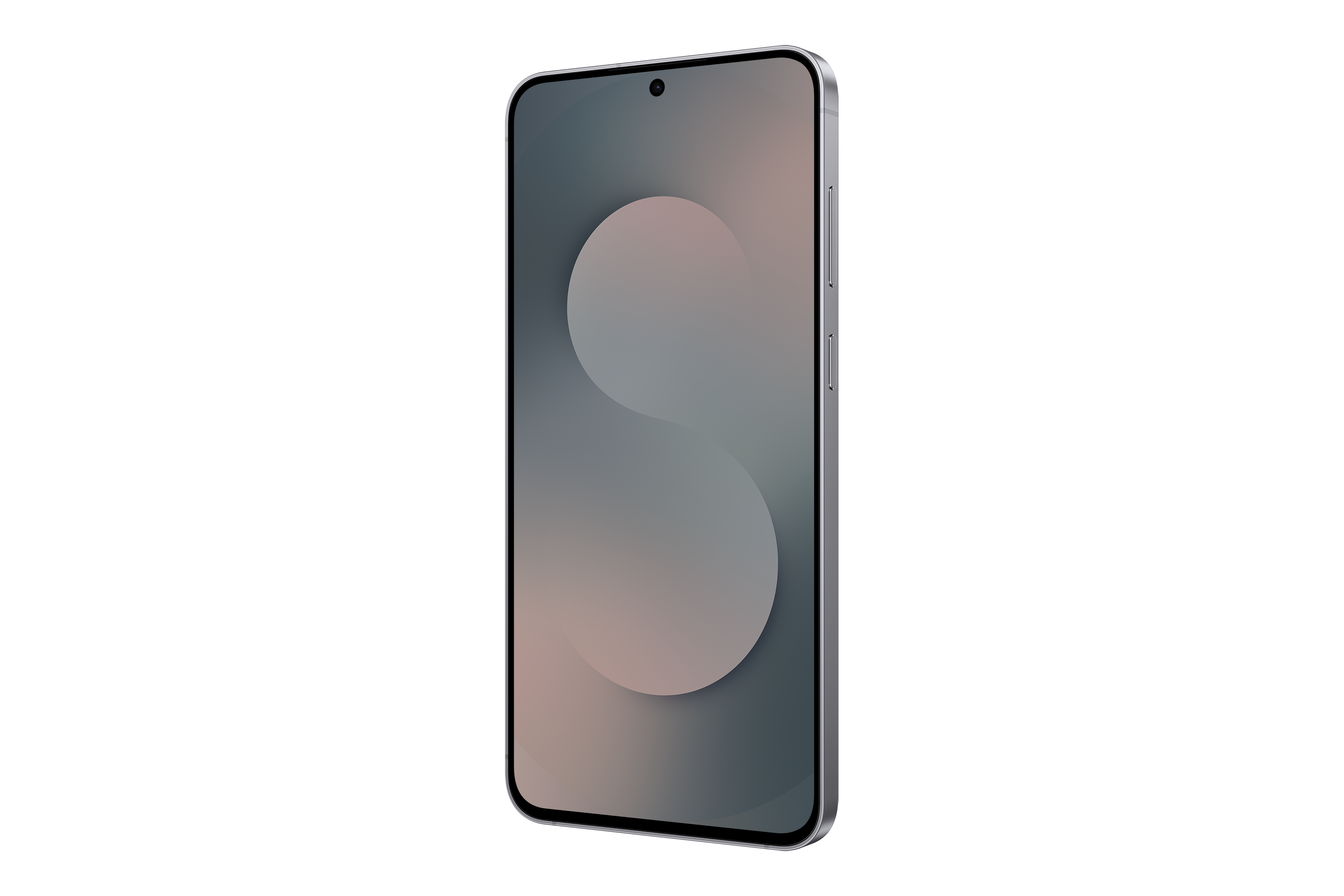 Ein silbernes Smartphone auf schwarzem Hintergrund. Der Bildschirm zeigt ein Gradientendesign mit zwei sich überlappenden Kreisen.