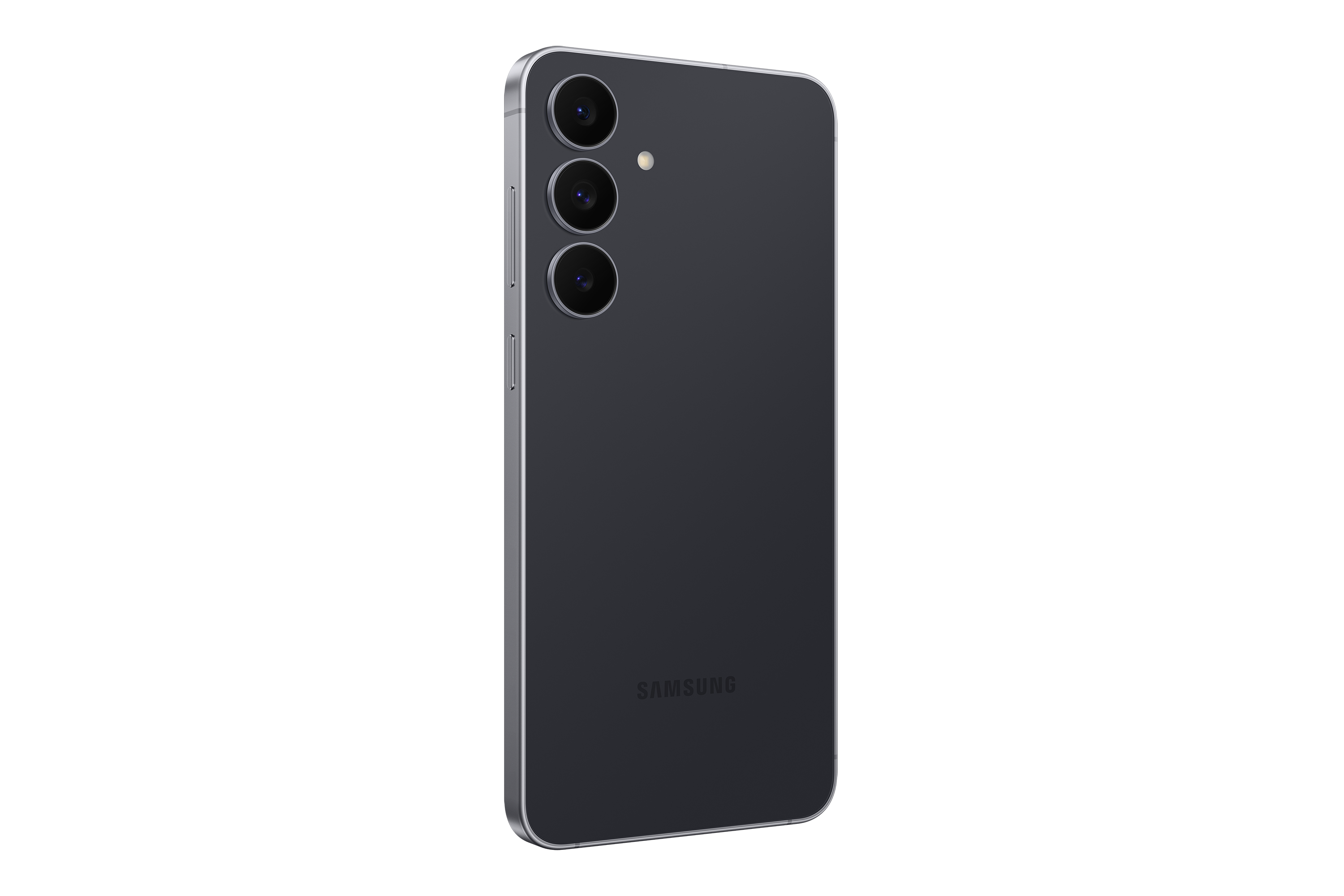 Ein dunkelgraues Smartphone vor schwarzem Hintergrund. Drei Kameralinsen sind sichtbar. Das Samsung-Logo befindet sich unten.