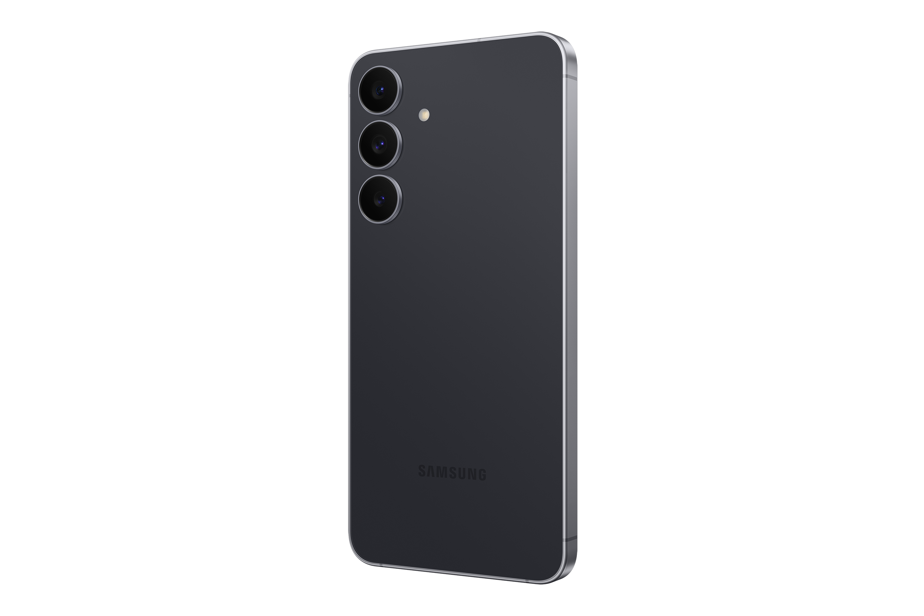 Ein dunkelgraues Samsung-Smartphone, das die Rückseite zeigt. Drei Kameras und ein Samsung-Logo sind auf schwarzem Hintergrund zu sehen.