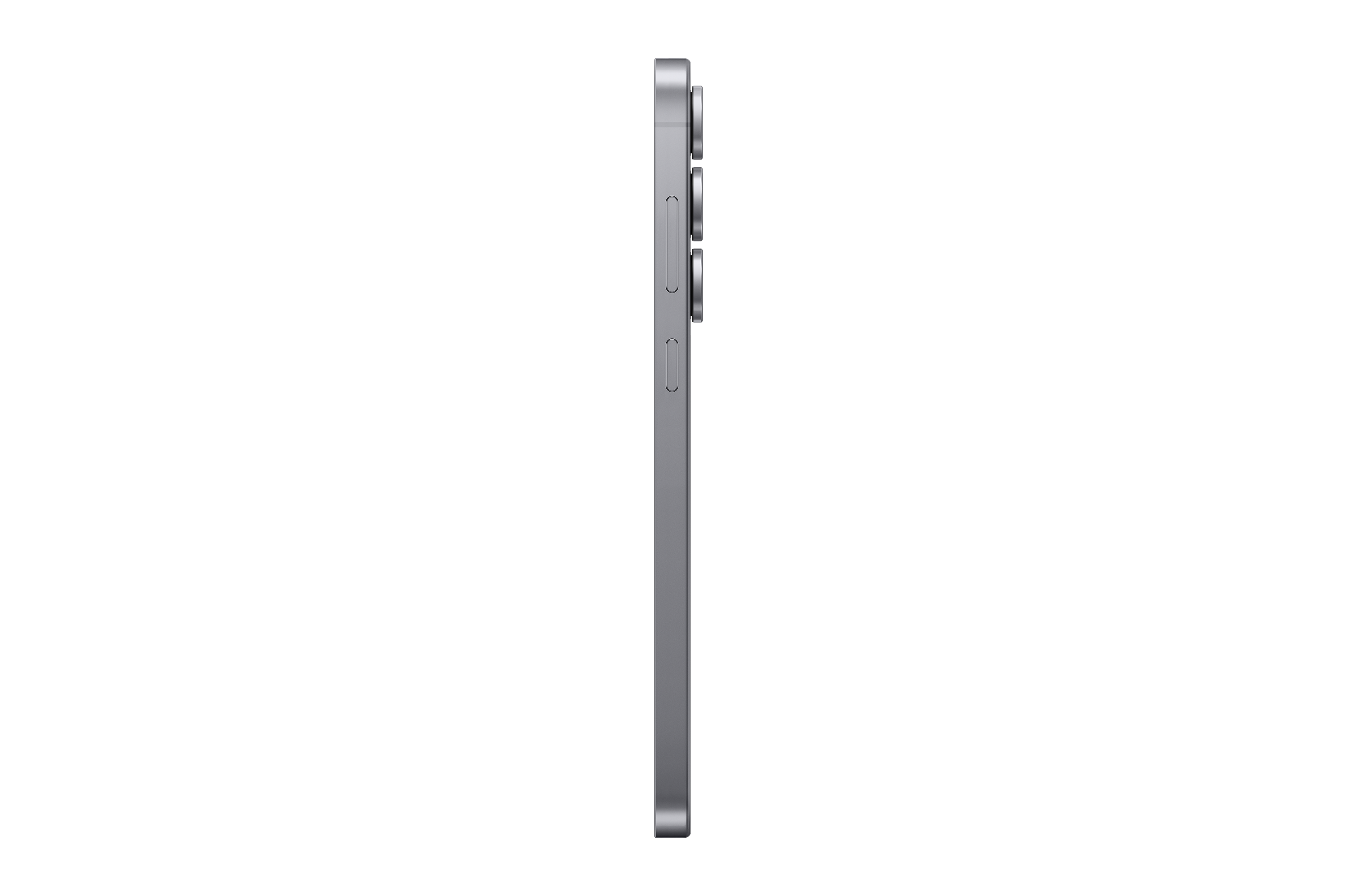 Seitenansicht eines grauen Smartphones vor schwarzem Hintergrund. Lautstärketasten sind sichtbar.