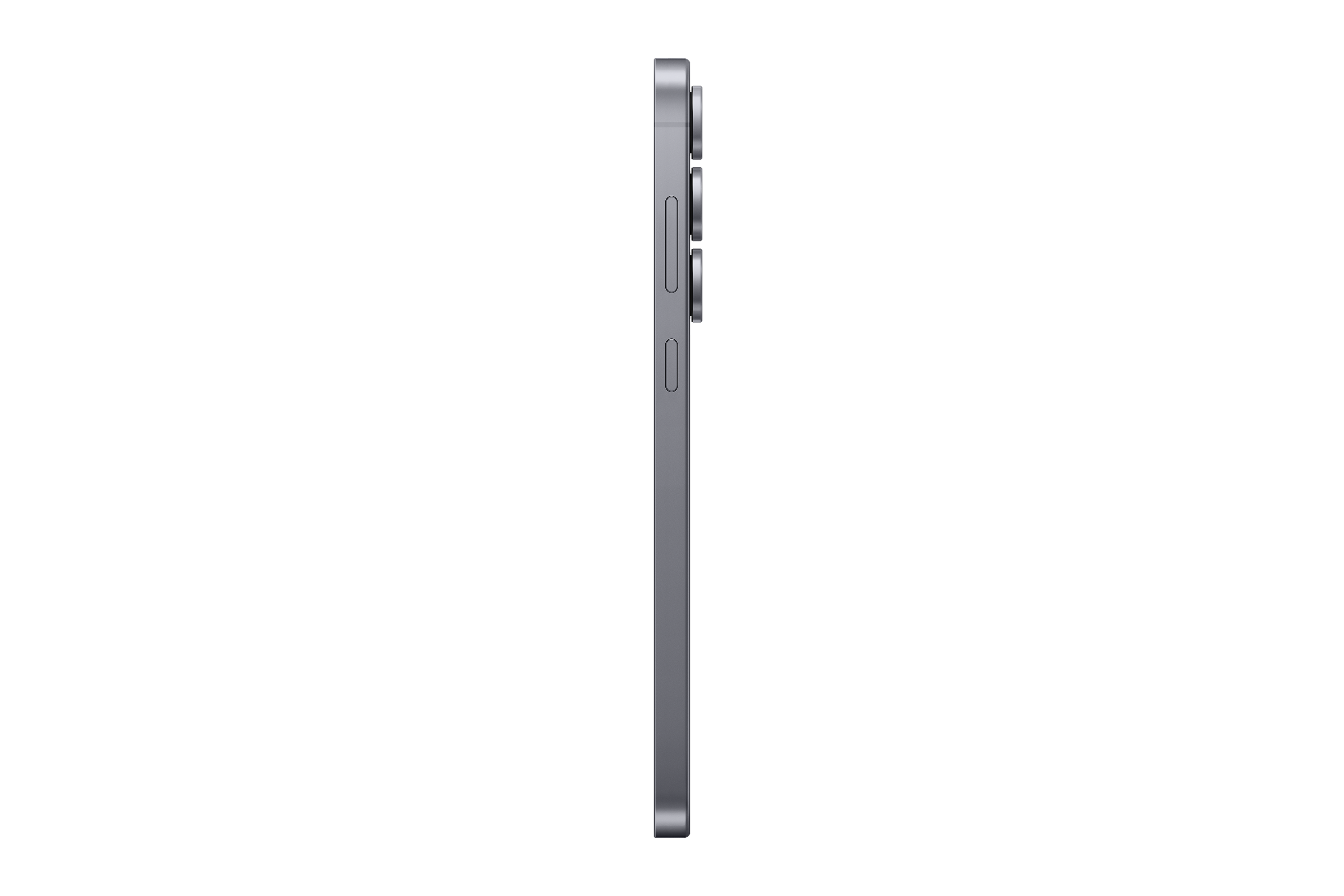 Seitenansicht eines grauen Smartphones. Die Lautstärke- und Ein-/Aus-Tasten sind sichtbar. Schwarzer Hintergrund.