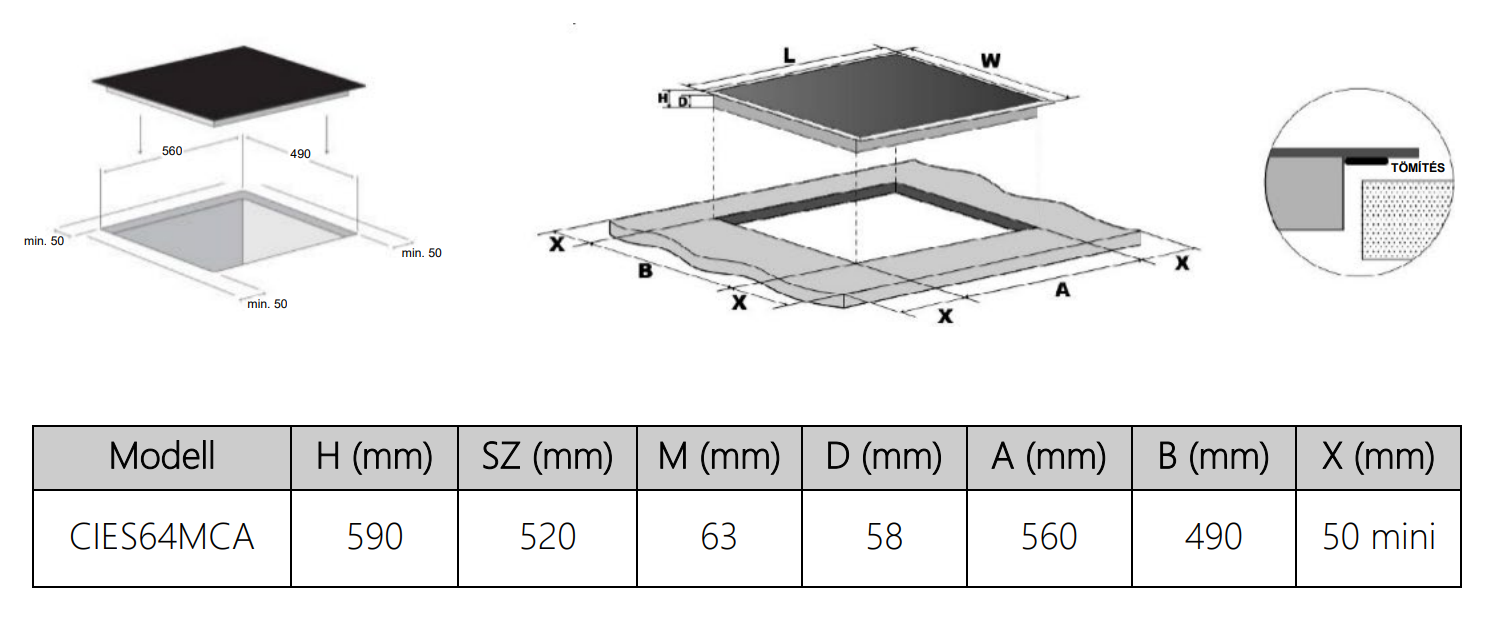 A diagram a főzőlapot mutatja méretekkel, beleértve egy táblázatot a modellel és mérettel mm-ben. Tömítés részlete is látható.
