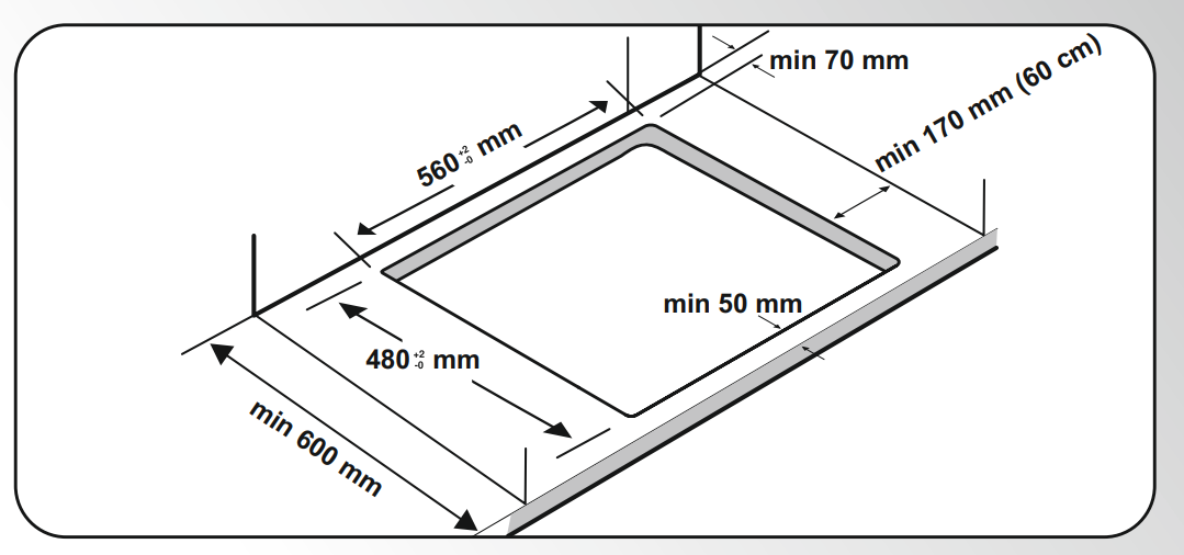 Diagram beépített főzőlap méreteivel. Tartalmazza az olyan méreteket, mint 560 mm, 480 mm, min 600 mm és min 170 mm (60 cm).
