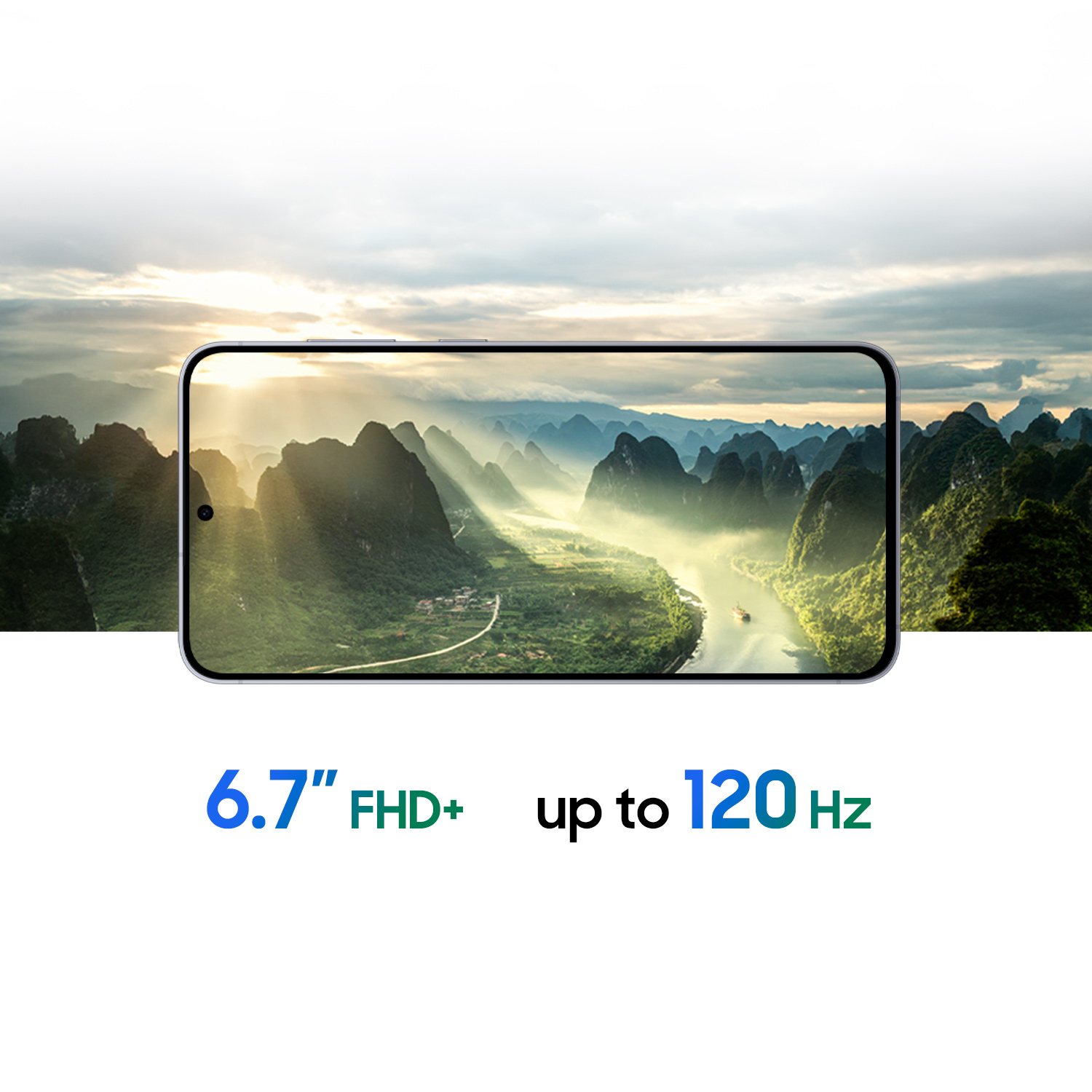 Pantalla de smartphone con paisaje de río. Especificaciones: 6.7" FHD+, hasta 120 Hz.