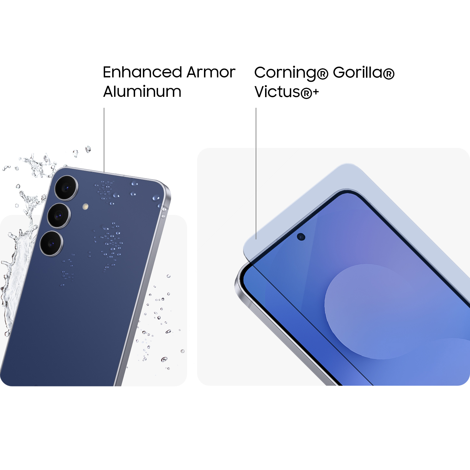 La imagen muestra un teléfono azul con gotas de agua y un protector de pantalla. Etiquetas de texto: Enhanced Armor Aluminum, Corning Gorilla Victus+.
