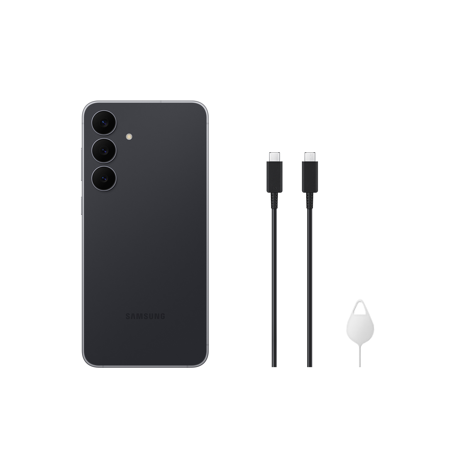 Un smartphone gris oscuro con tres cámaras, dos cables USB-C negros y una herramienta blanca de expulsión de SIM sobre fondo blanco.