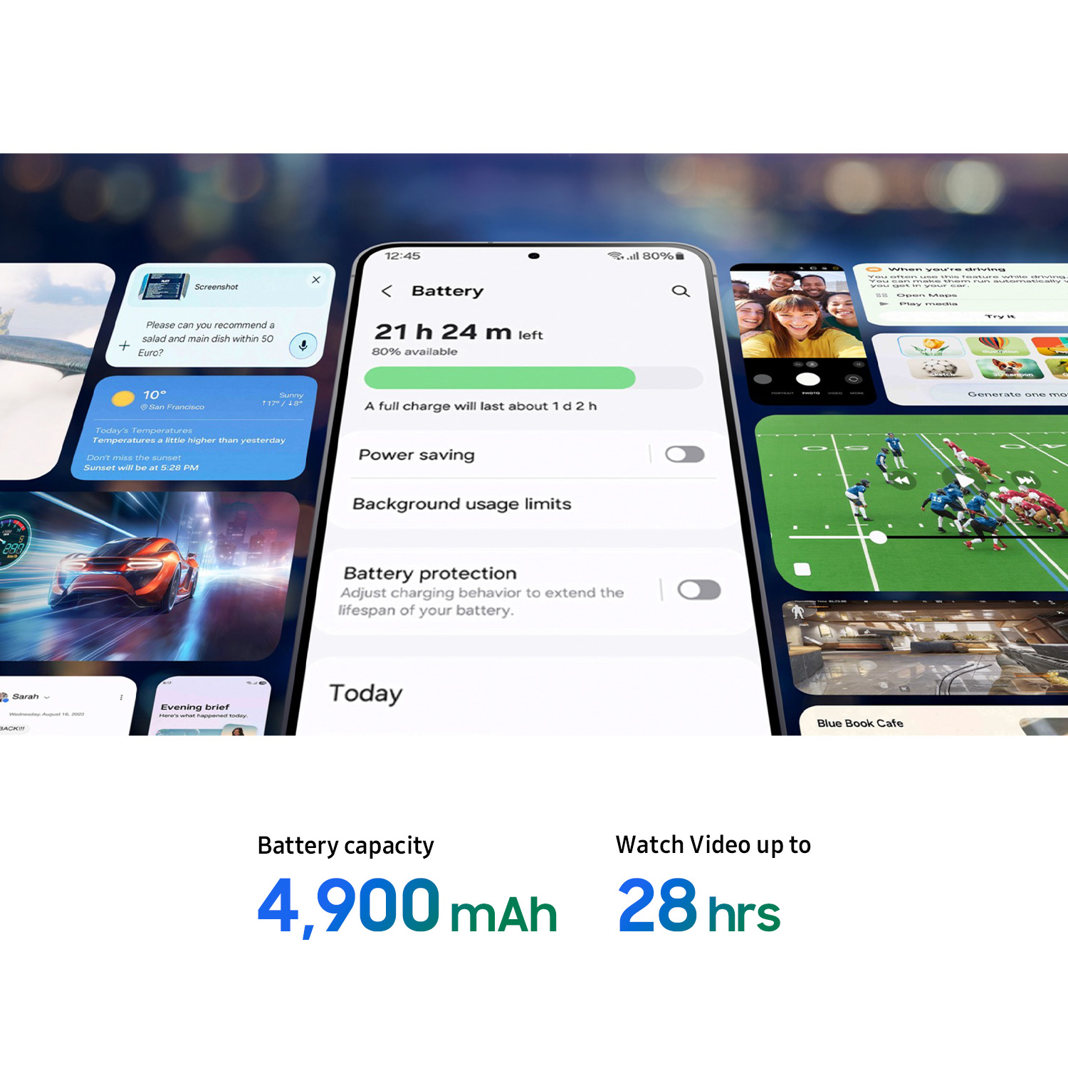 Interfaz de usuario del teléfono que muestra información de la batería: 80% disponible, 21h 24m restantes. Se muestran aplicaciones, incluyendo un coche, cámara y tiempo.