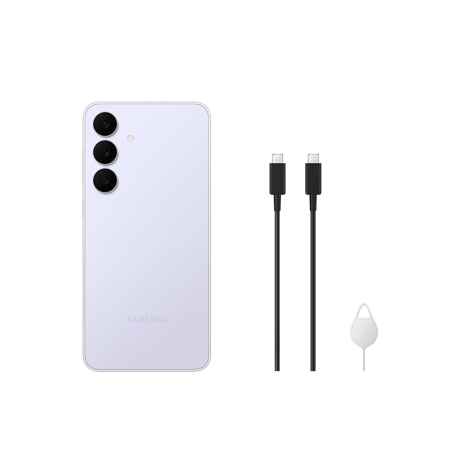 Un teléfono inteligente morado claro, dos cables de carga negros y una herramienta de expulsión de tarjeta SIM sobre fondo blanco.