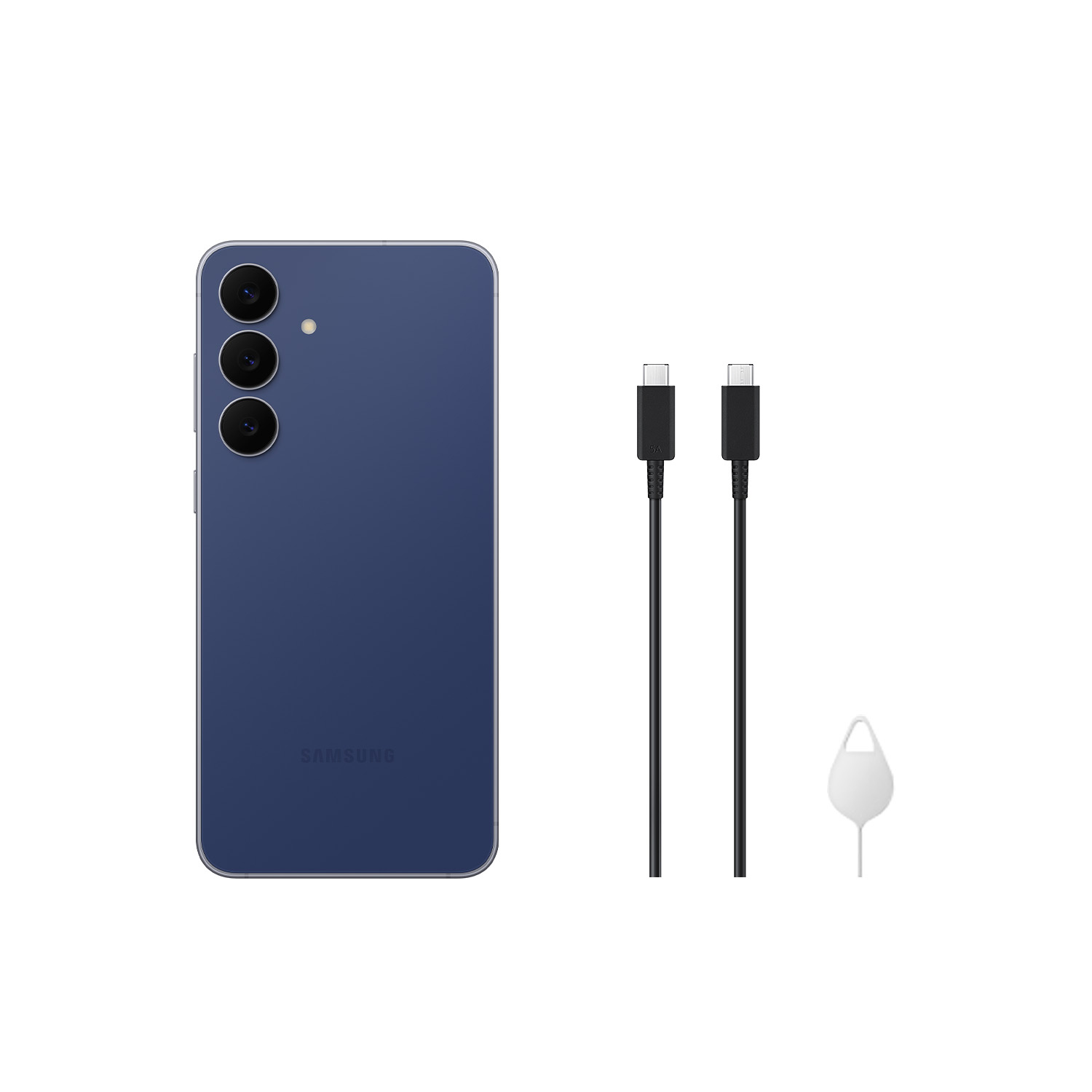 Un smartphone azul, dos cables de carga negros y un eyector de tarjeta SIM sobre fondo blanco.