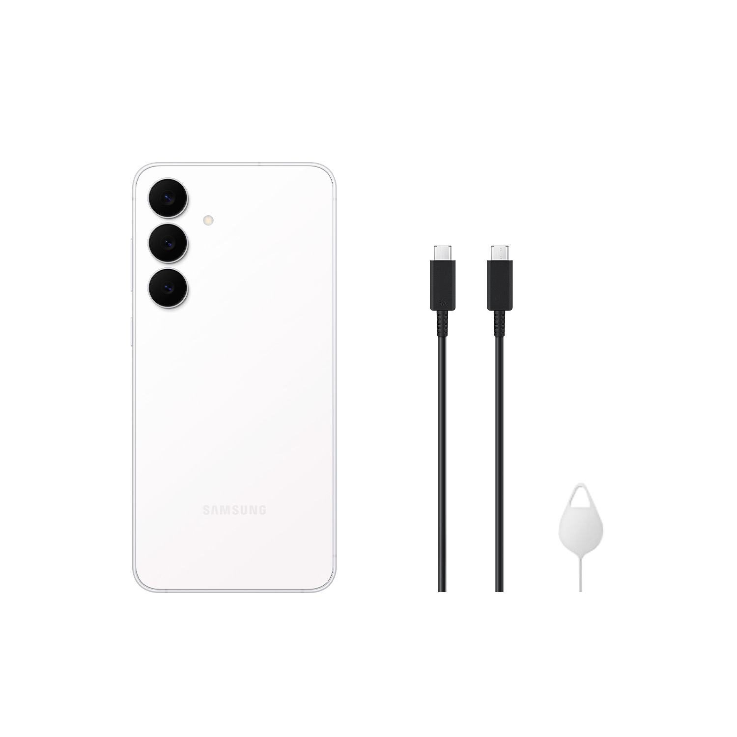 Un teléfono Samsung blanco con tres cámaras, dos cables negros y una herramienta de expulsión de SIM sobre fondo blanco.