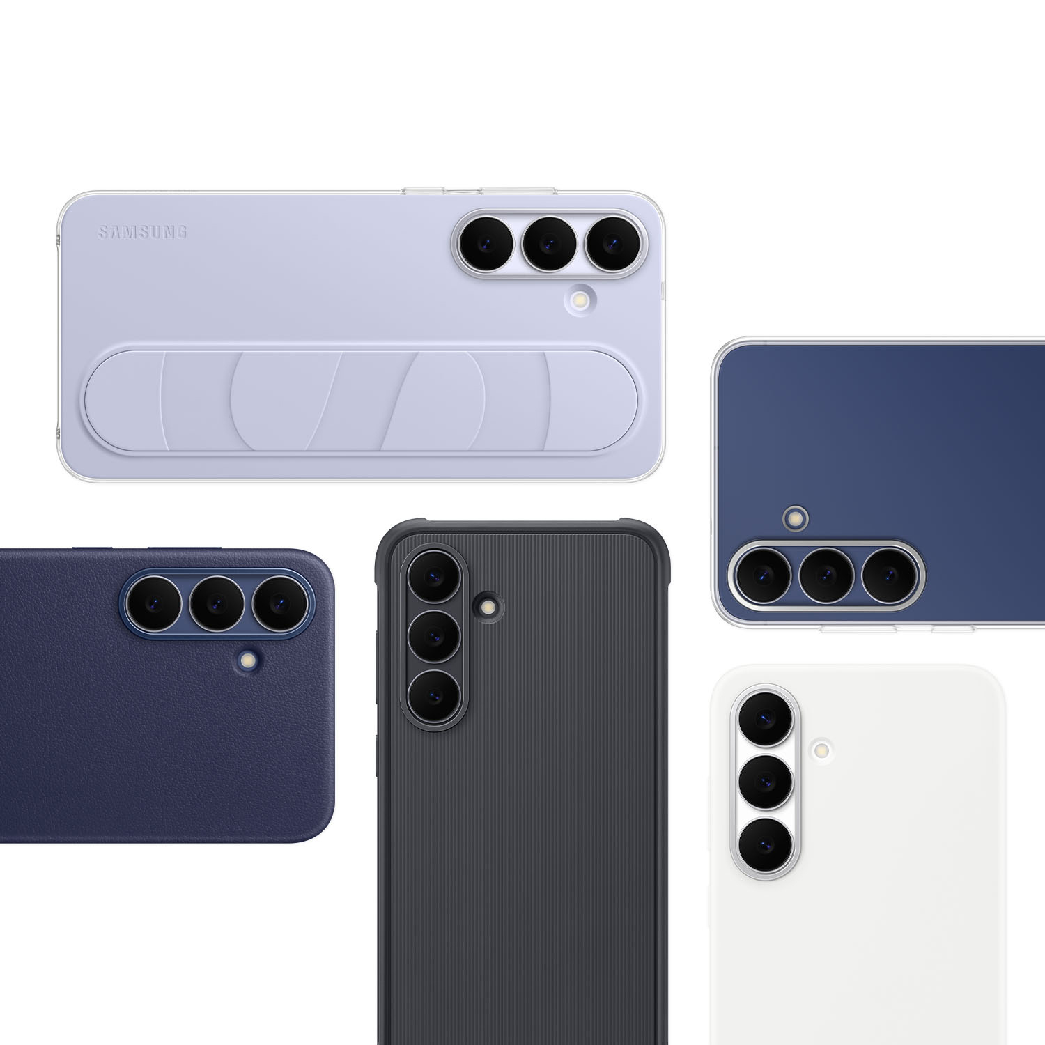 Cinco fundas de teléfono: lavanda, azul marino, gris oscuro y blanco. Cada una muestra la matriz de la cámara. Logotipo Samsung visible.
