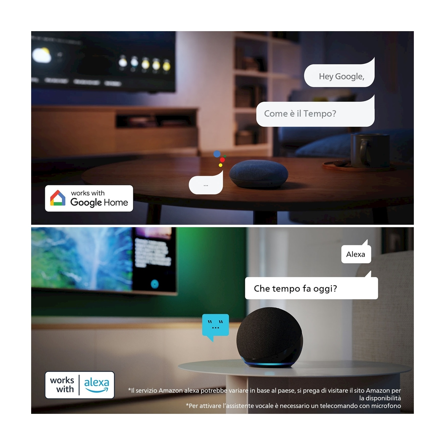 Due altoparlanti intelligenti su tavoli. Uno dice 'Hey Google, Come è il Tempo?' L'altro dice 'Alexa, Che tempo fa oggi?'
