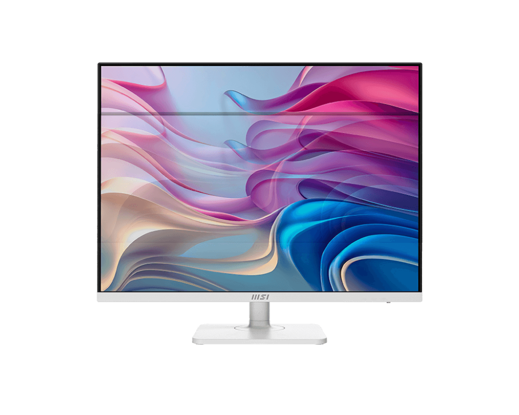 Egy fehér MSI monitor színes, absztrakt képet jelenít meg rózsaszín, kék és lila örvényekkel. Fehér állványon, fekete háttérrel.