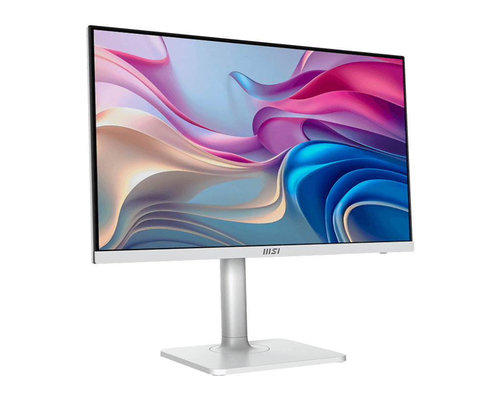 Egy fehér MSI monitor színes, absztrakt kijelzővel. Négyzet alakú talppal, állvánnyal, fekete háttérrel.
