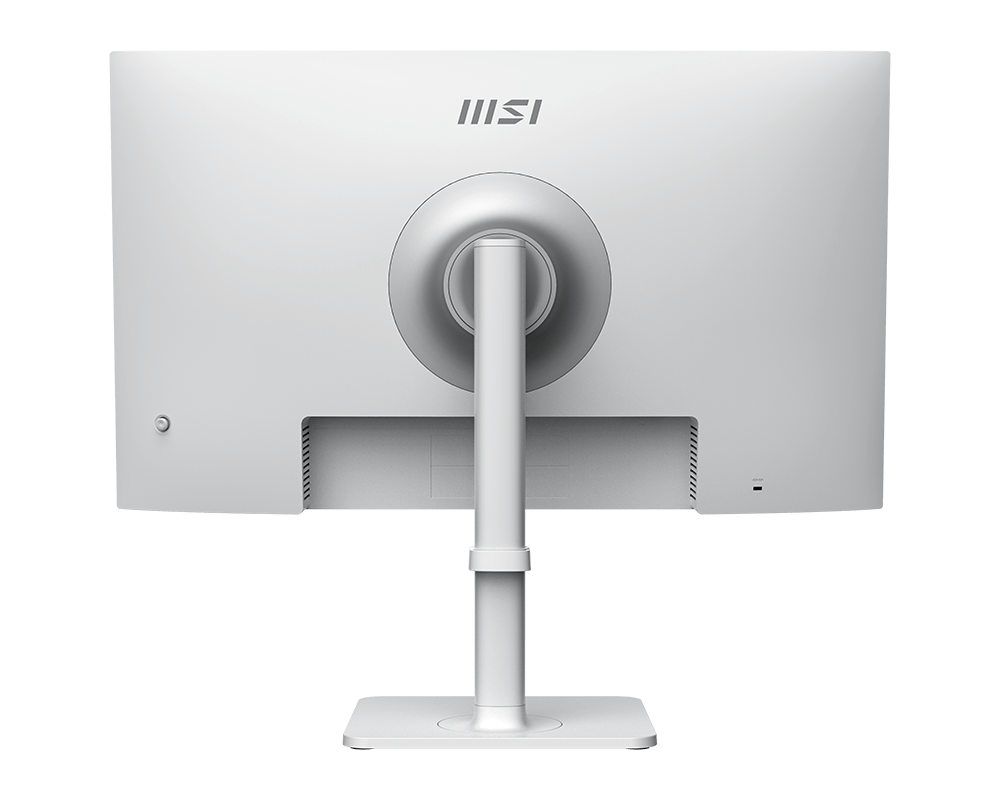 Fehér MSI monitor hátulja fehér állványon. A MSI logója felül van. Sötét háttér.