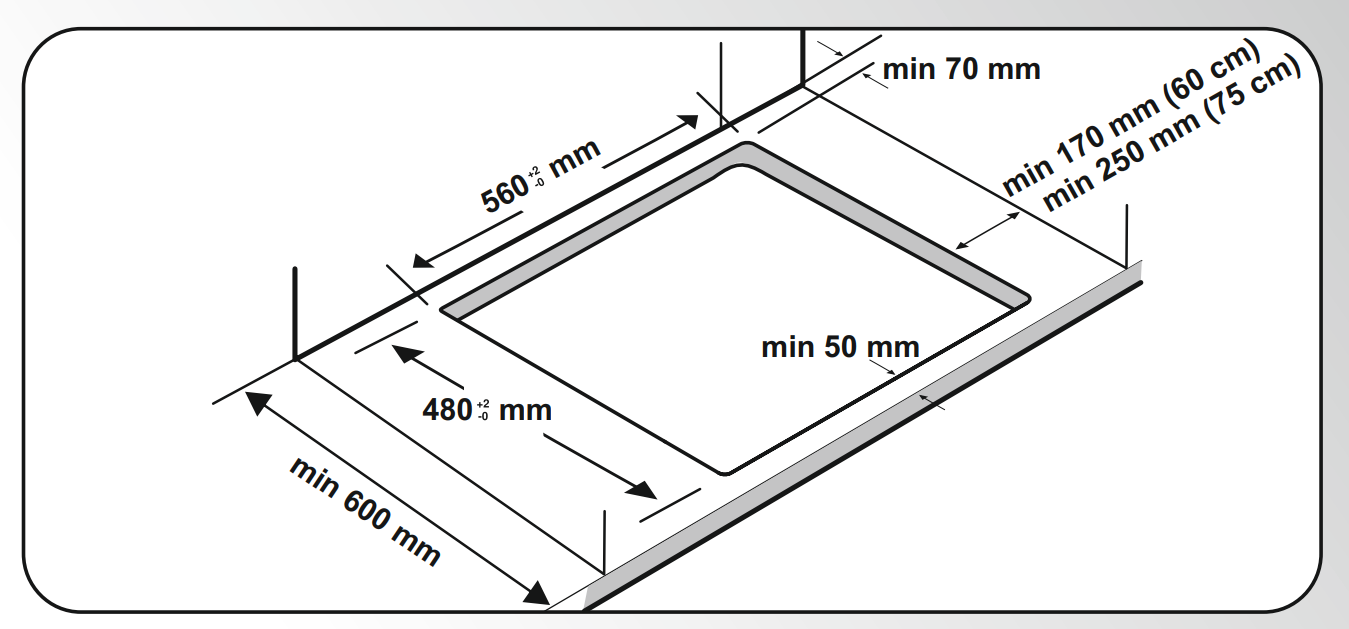Beépített készülék méreteit ábrázoló diagram. Méretek: 560 mm, 480 mm, min. 600 mm, min. 70 mm, min. 50 mm, 170 mm, 250 mm.