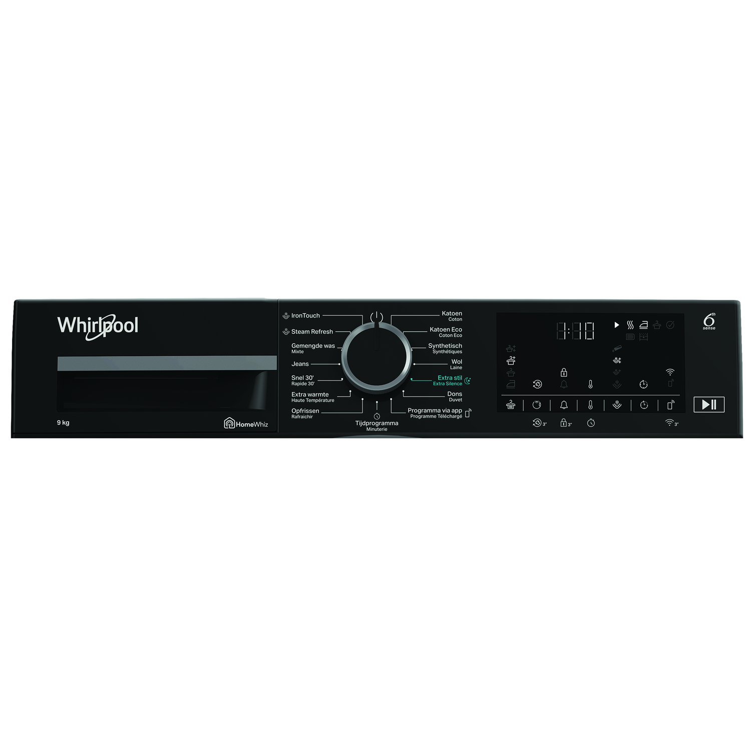 Black Whirlpool washing machine control panel. It has various program options, digital display, and control buttons.