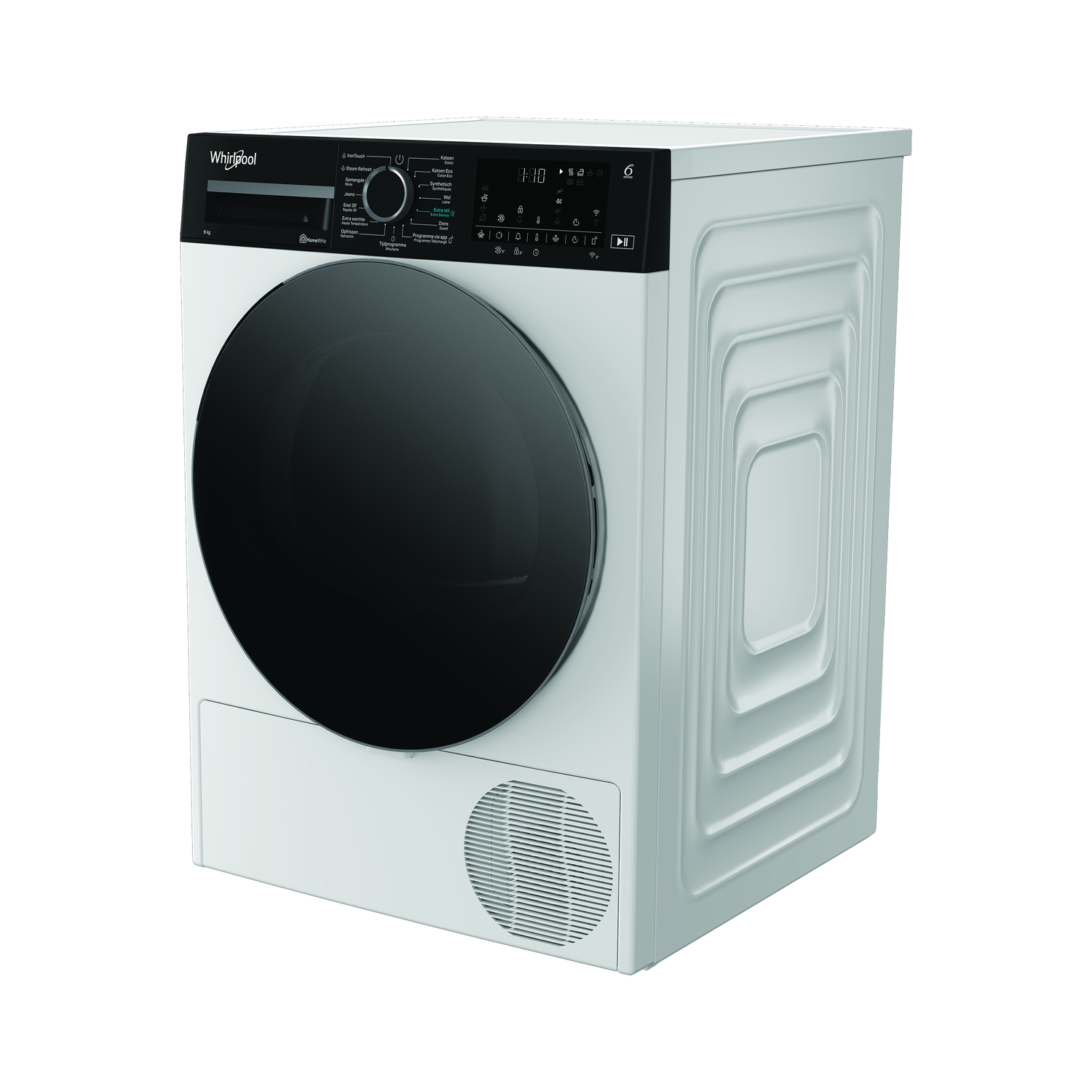 A white Whirlpool dryer with a black door. It has a control panel with buttons and a digital display showing the time.