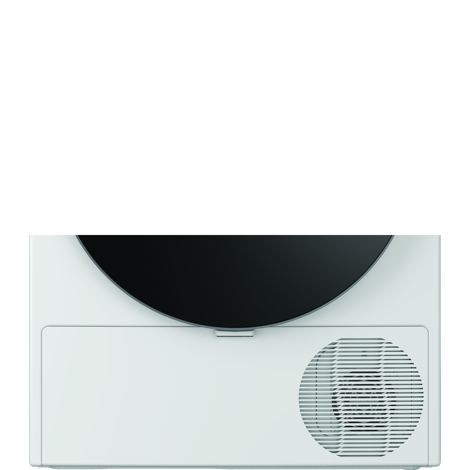A white appliance with a black curved top and a circular vent. It has a rectangular panel and a rounded vent cover.