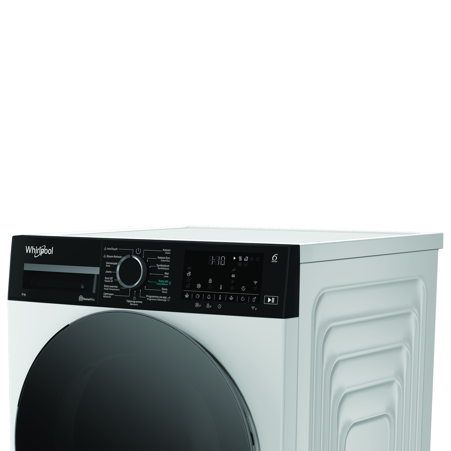 A white Whirlpool dryer with a black control panel. Displays settings and has a large circular door.