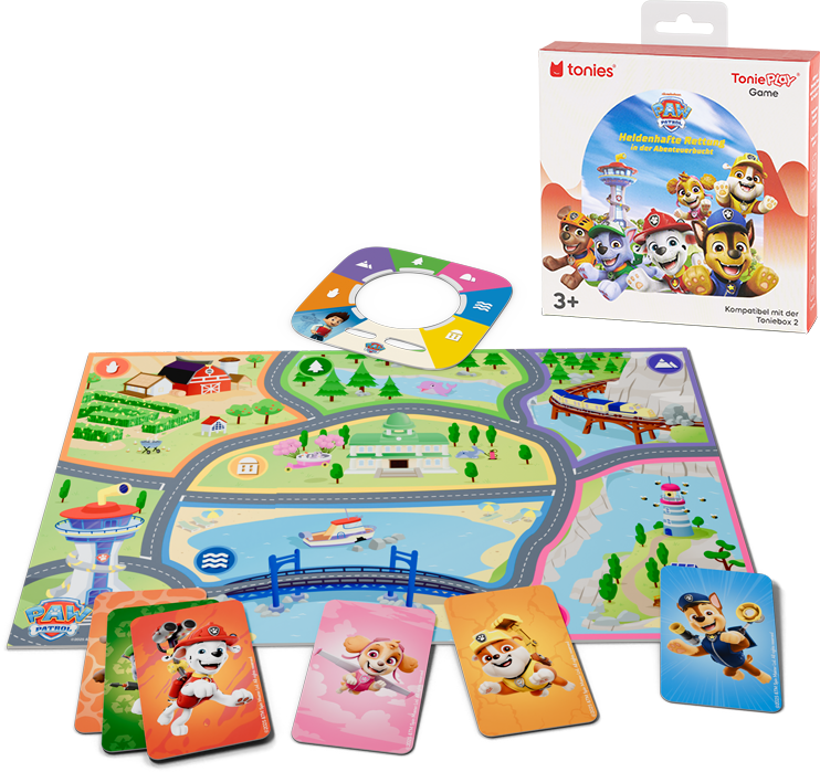Jeu Paw Patrol. Comprend un plateau, des cartes et une boîte tonies. Des personnages comme Chase, Marshall et Skye sont présents.